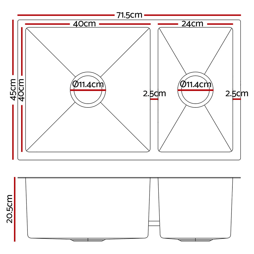 Cefito Kitchen Sink 71X45CM Stainless Steel Basin Double Bowl Silver