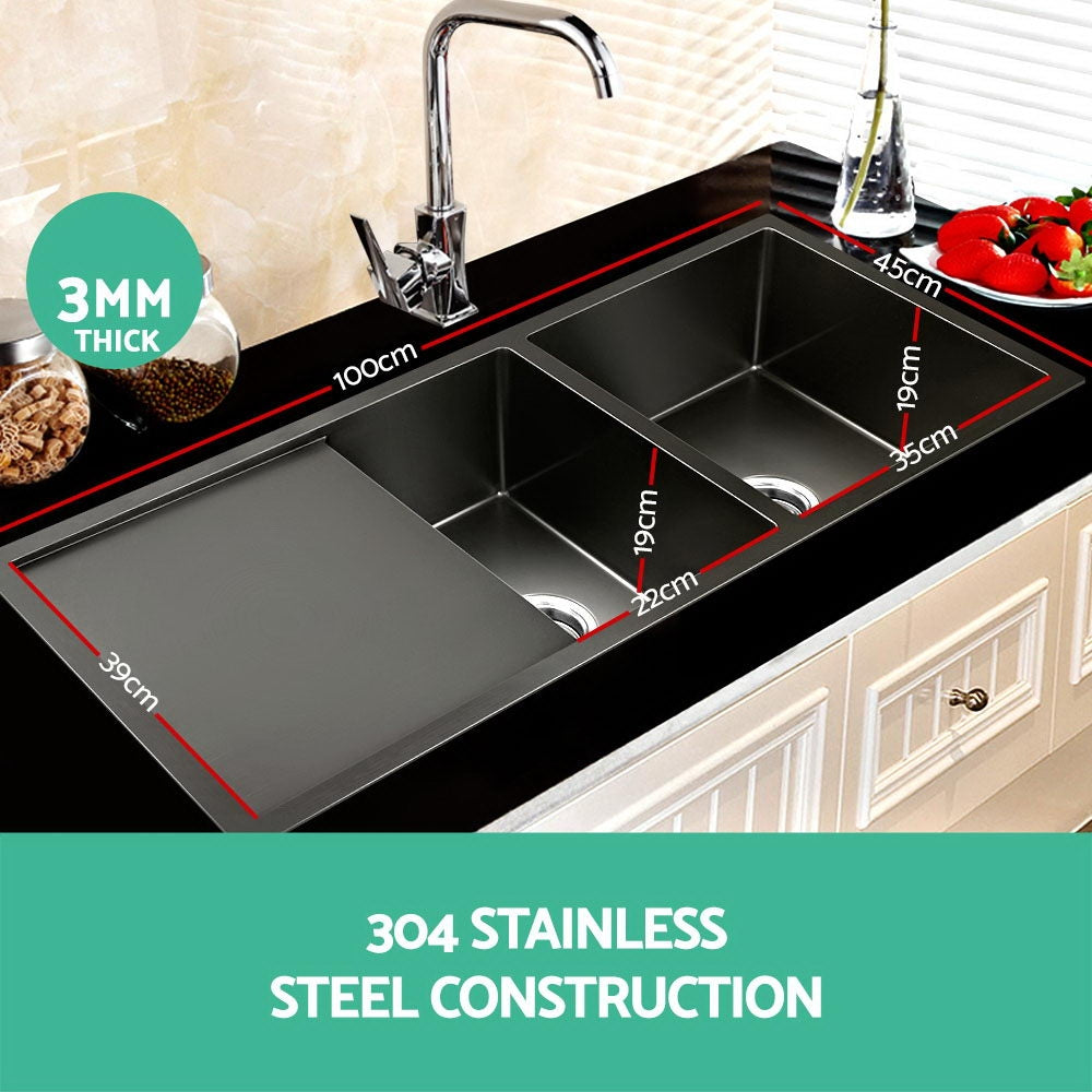 Cefito Kitchen Sink 100X45CM Stainless Steel Basin Double Bowl Black