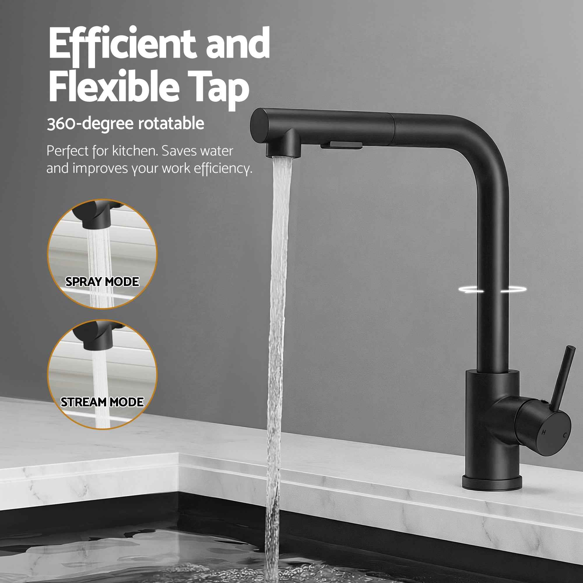 Cefito Stainless Steel Sink 44x44CM With Pull Out Mixer Tap Kitchen Basin Single Bowl Black