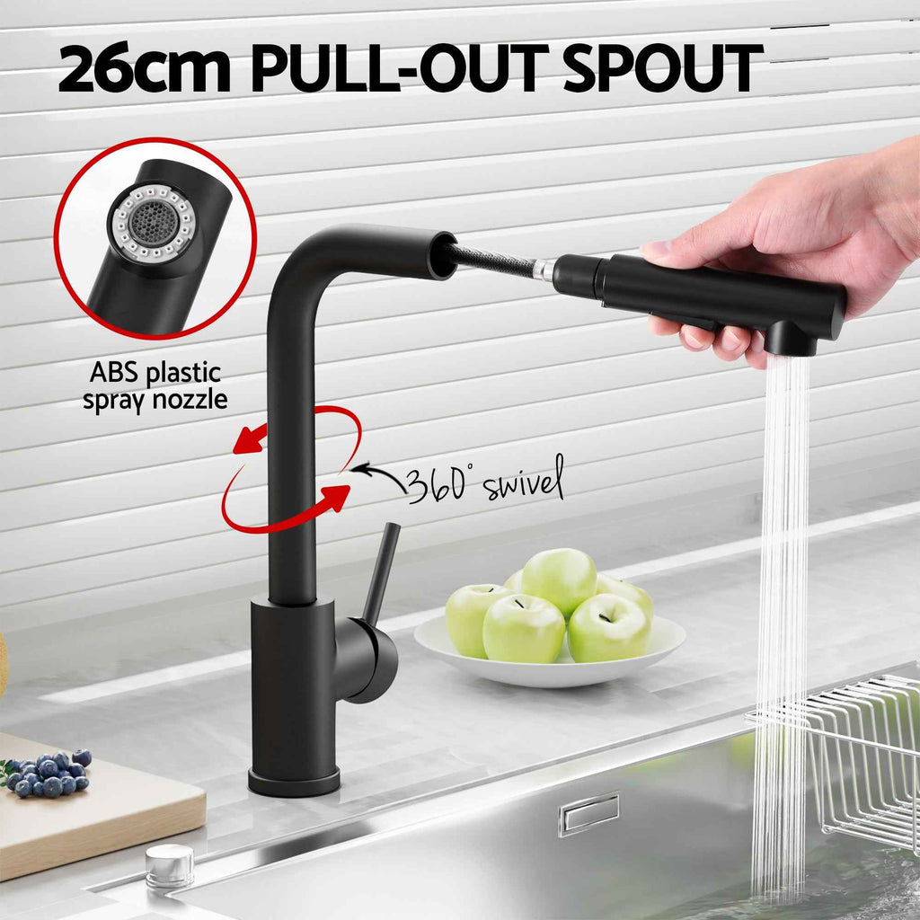Cefito Stainless Steel Sink 44x44CM With Pull Out Mixer Tap Kitchen Basin Single Bowl Black