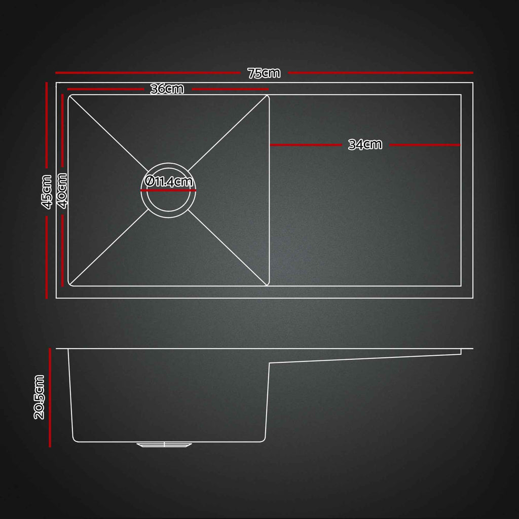Cefito Stainless Steel Sink 75x45CM With Pull Out Mixer Tap Kitchen Basin Single Bowl Black