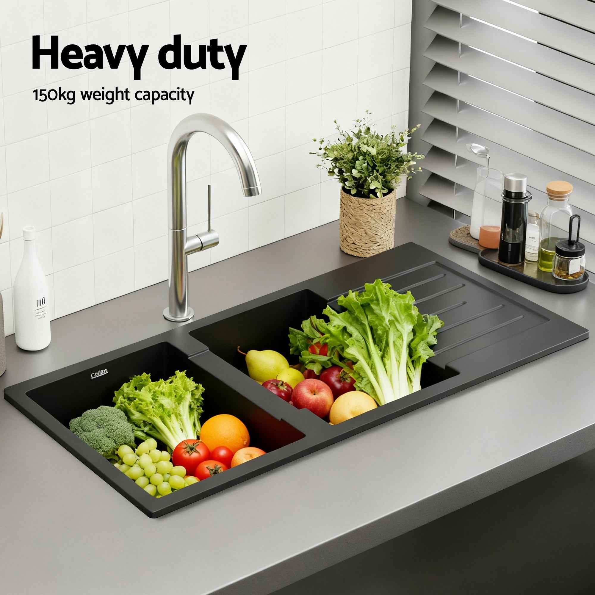 Cefito Kitchen Sink 116x50cm Granite Stone Sink Double Bowl Black