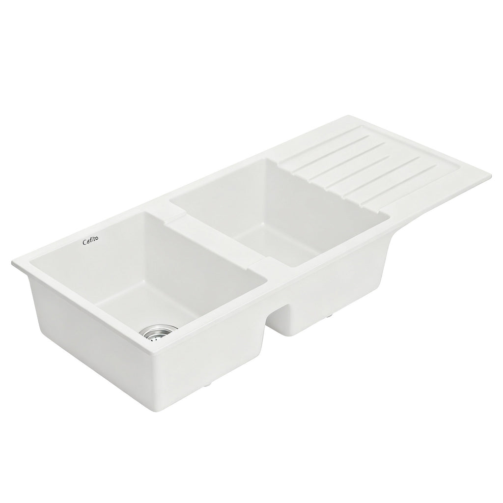 Cefito Kitchen Sink 116x50cm Granite Stone Sink Double Bowl White - YDS.com.au