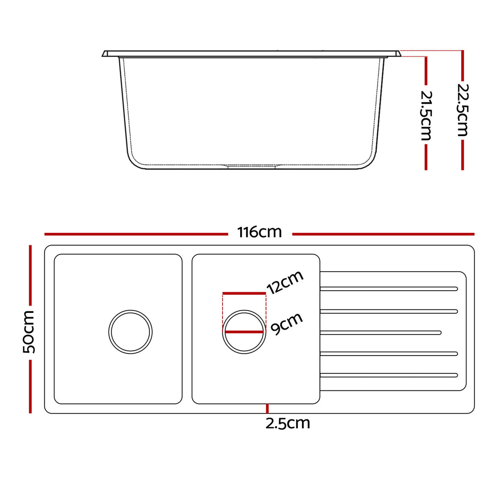 Cefito Kitchen Sink 116x50cm Granite Stone Sink Double Bowl White - YDS.com.au