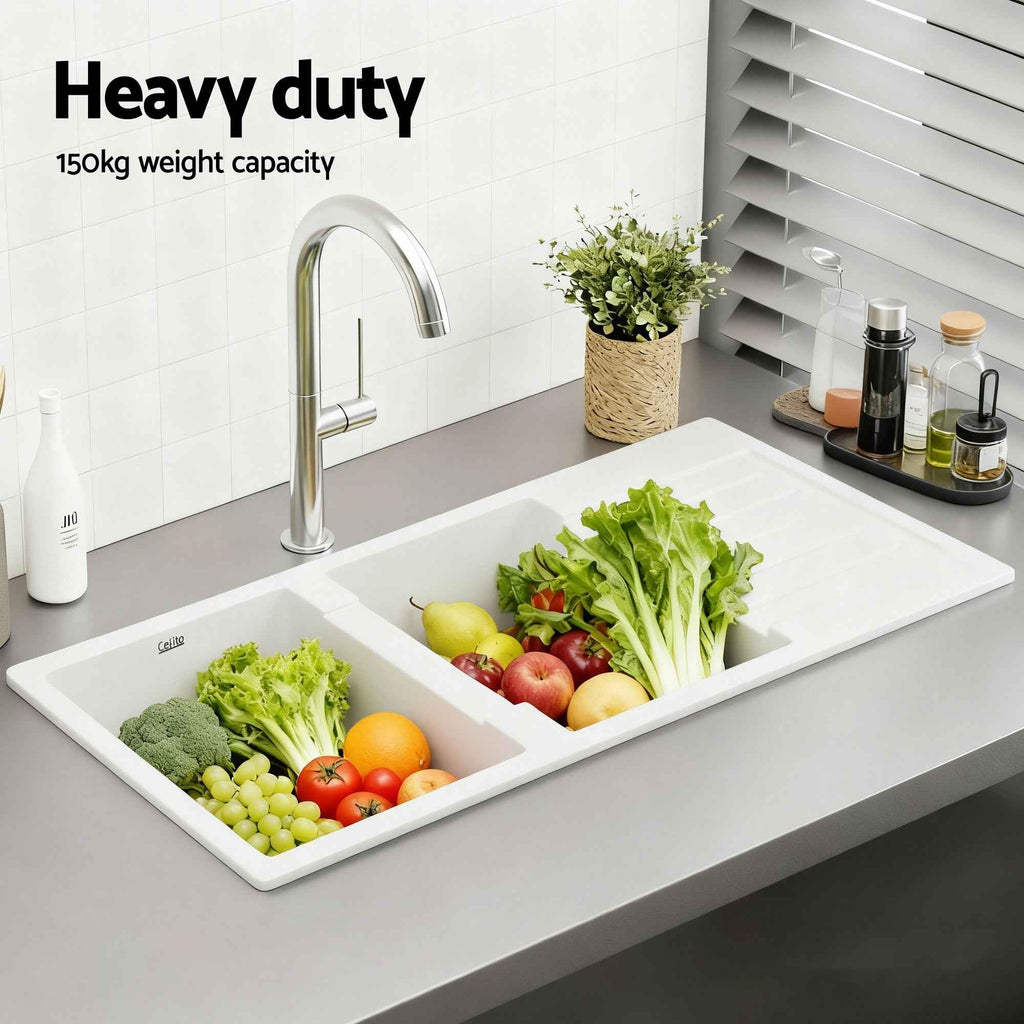 Cefito Kitchen Sink 116x50cm Granite Stone Sink Double Bowl White