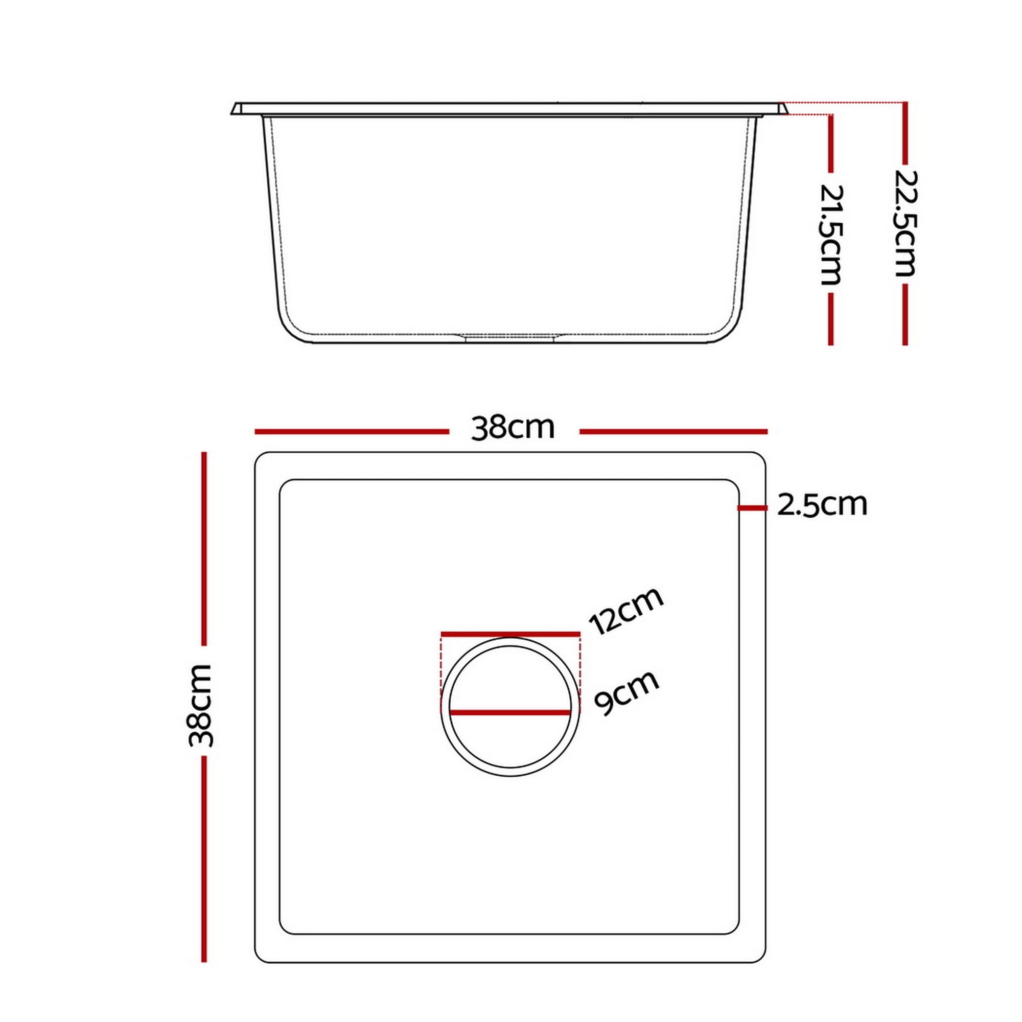 Cefito Kitchen Sink 38x38cm Granite Stone Sink Single Bowl Black - YDS.com.au