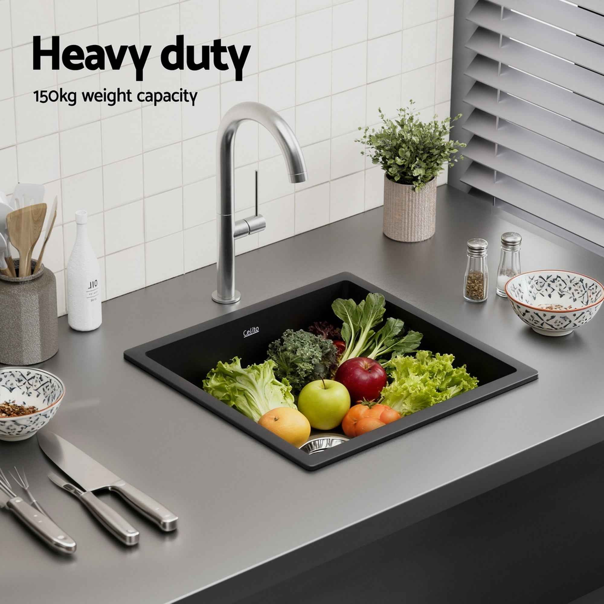 Cefito Kitchen Sink 38x38cm Granite Stone Sink Single Bowl Black