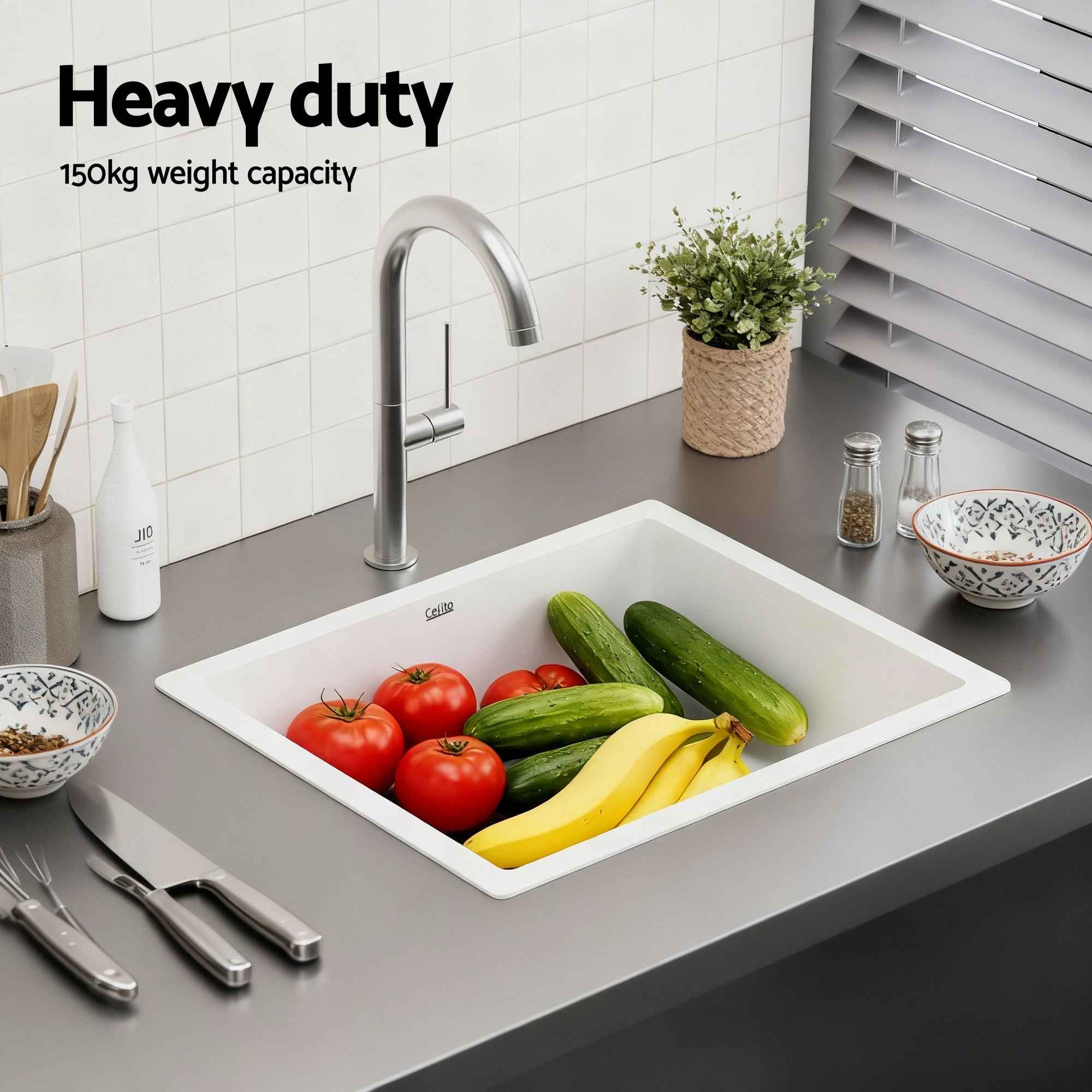 Cefito Kitchen Sink 38x38cm Granite Stone Sink Single Bowl White