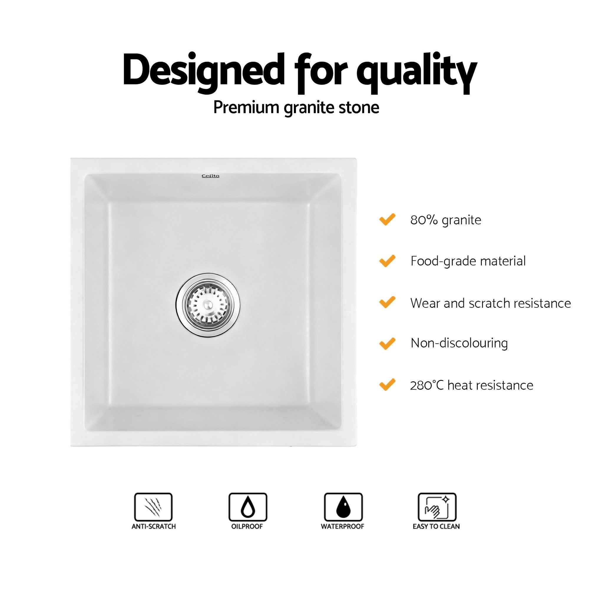 Cefito Kitchen Sink 45x45cm Granite Stone Sink Single Bowl White