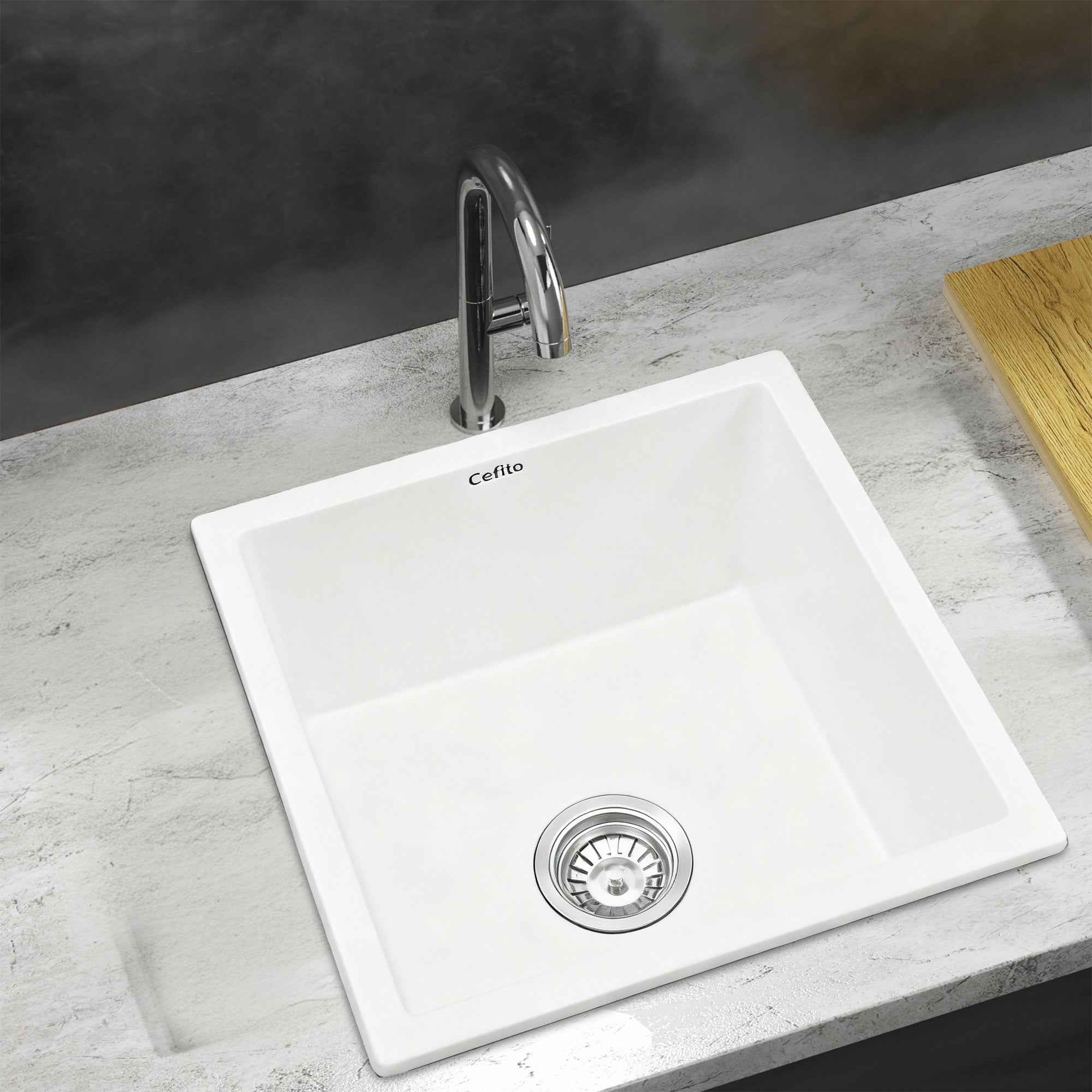 Cefito Kitchen Sink 45x45cm Granite Stone Sink Single Bowl White
