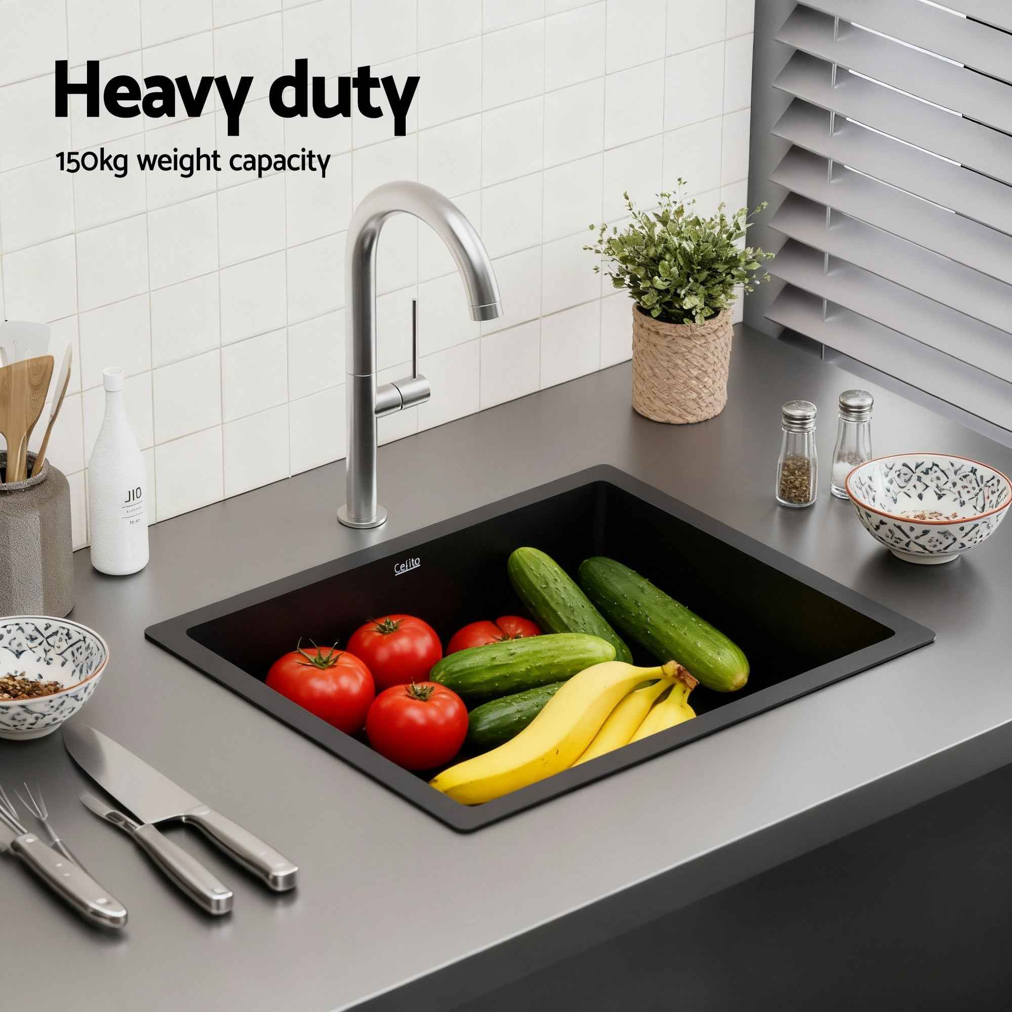 Cefito Kitchen Sink 55x45cm Granite Stone Sink Single Bowl Black
