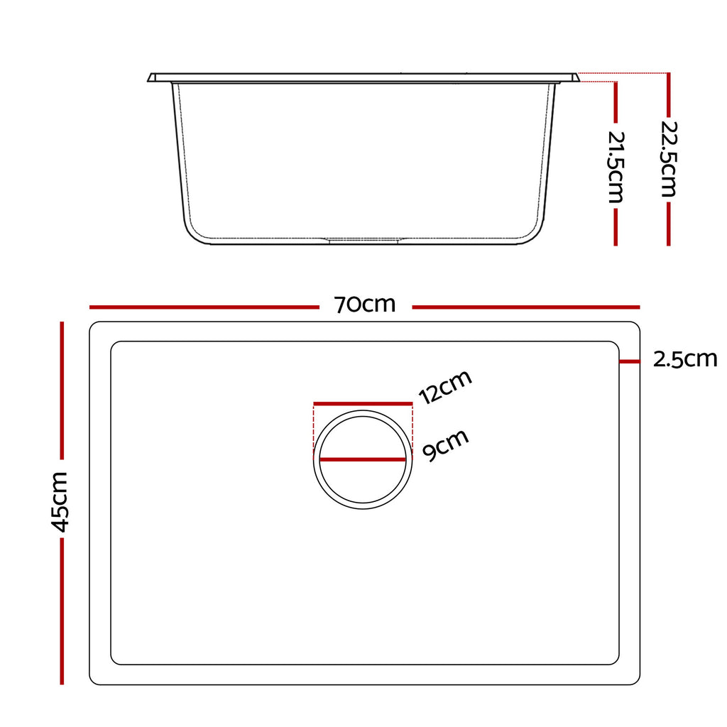 Cefito Kitchen Sink 70x45cm Granite Stone Sink Single Bowl Black - YDS.com.au