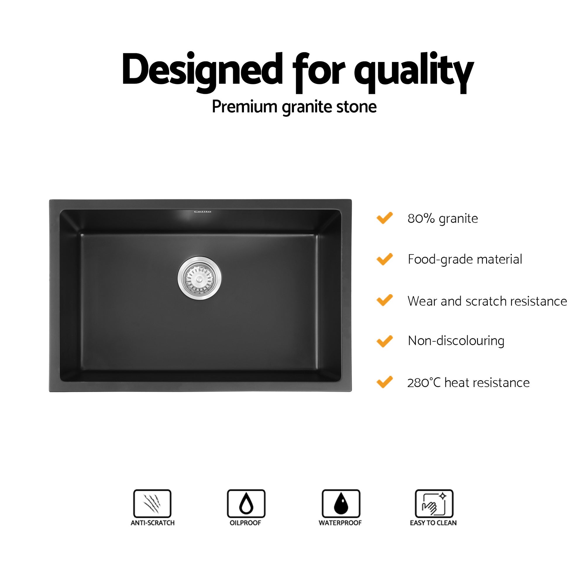 Cefito Kitchen Sink 70x45cm Granite Stone Sink Single Bowl Black - YDS.com.au