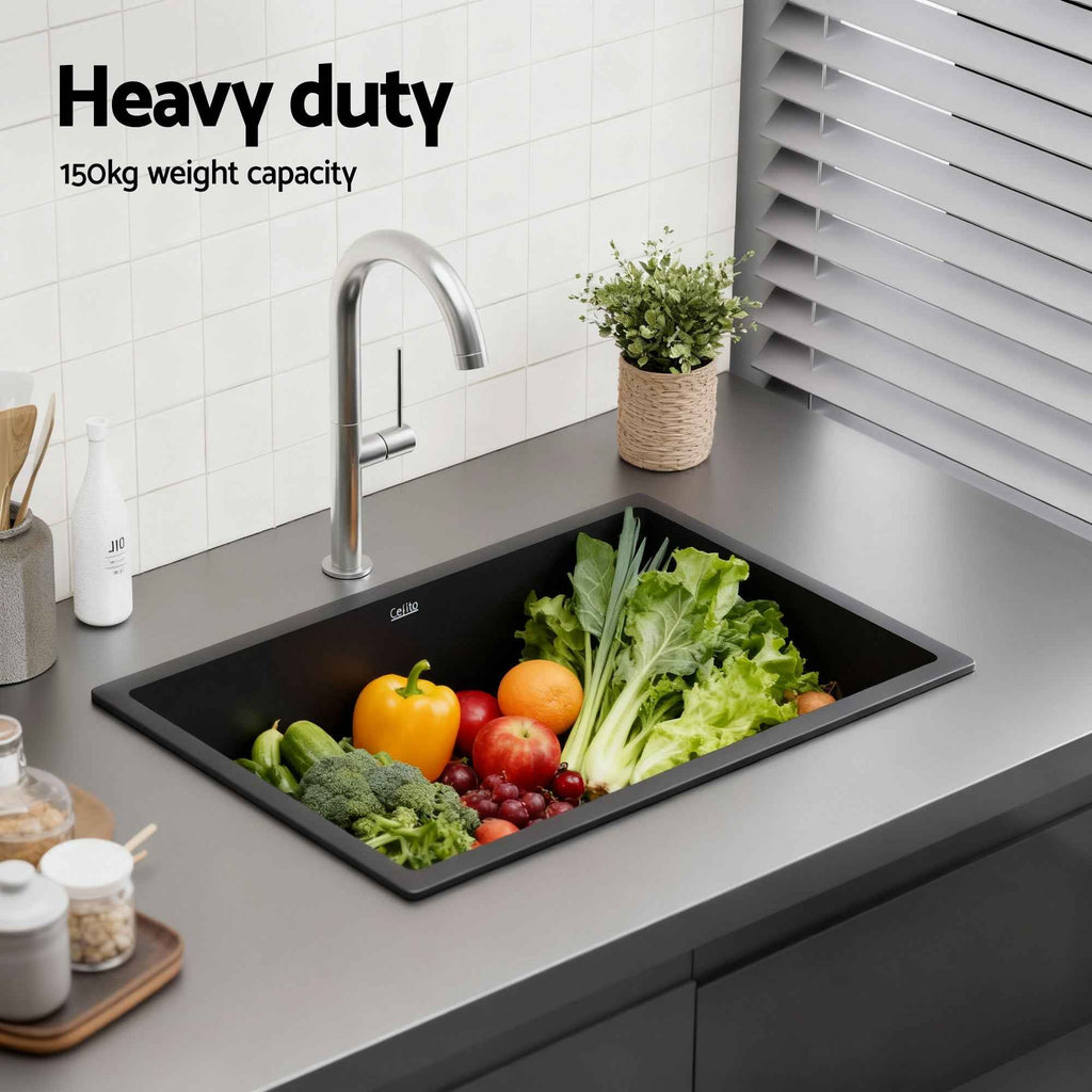 Cefito Kitchen Sink 70x45cm Granite Stone Sink Single Bowl Black