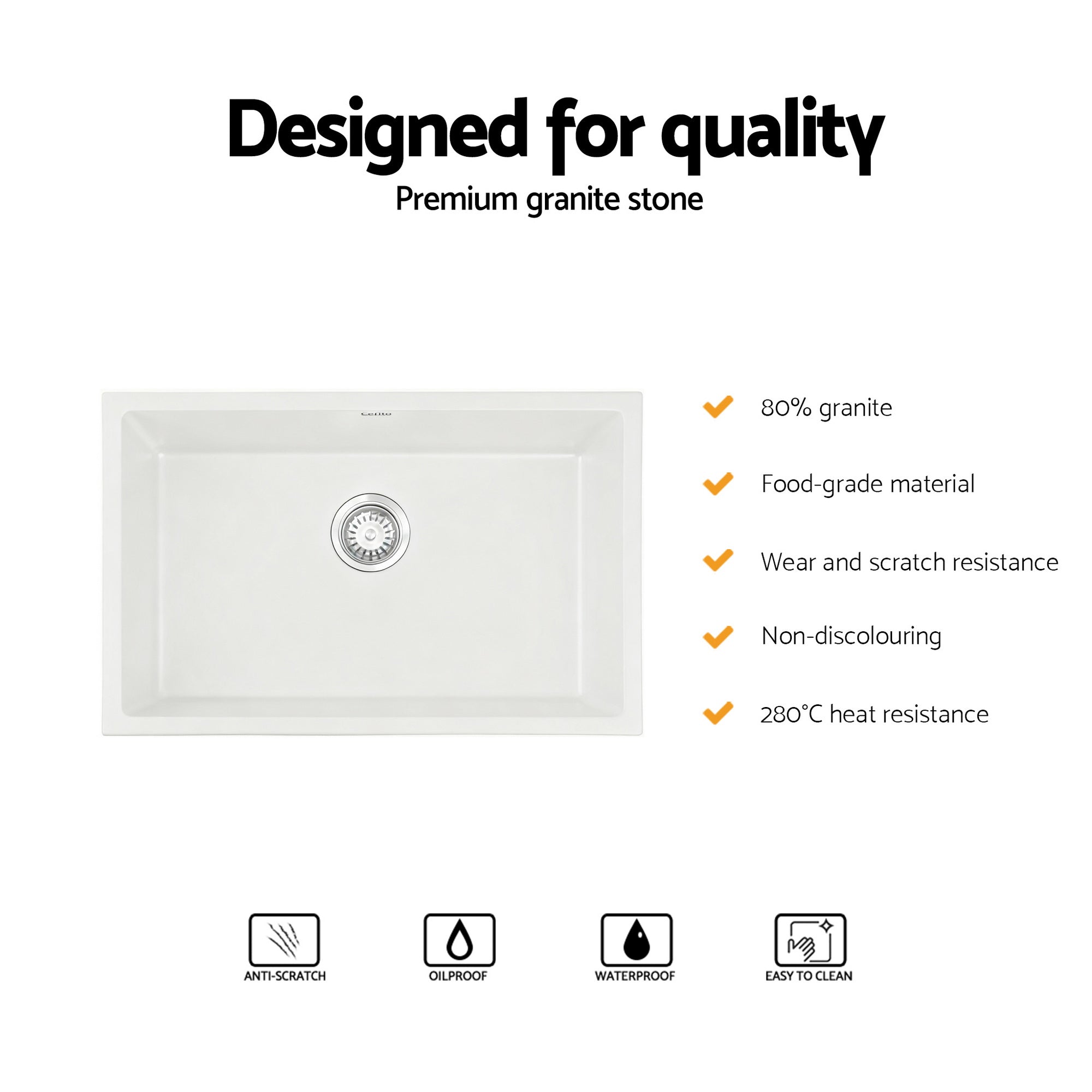 Cefito Kitchen Sink 70x45cm Granite Stone Sink Single Bowl White - YDS.com.au