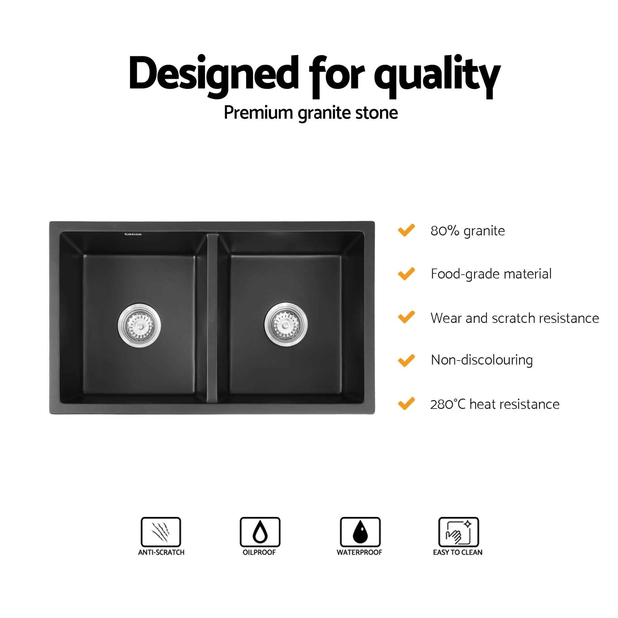 Cefito Kitchen Sink 77x45cm Granite Stone Sink Double Bowl Black