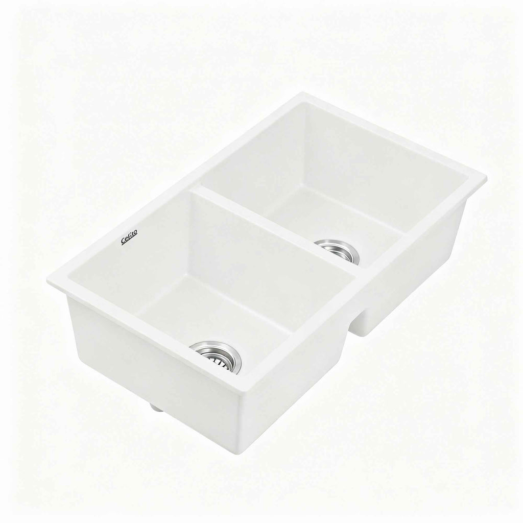 Cefito Kitchen Sink 77x45cm Granite Stone Sink Double Bowl White