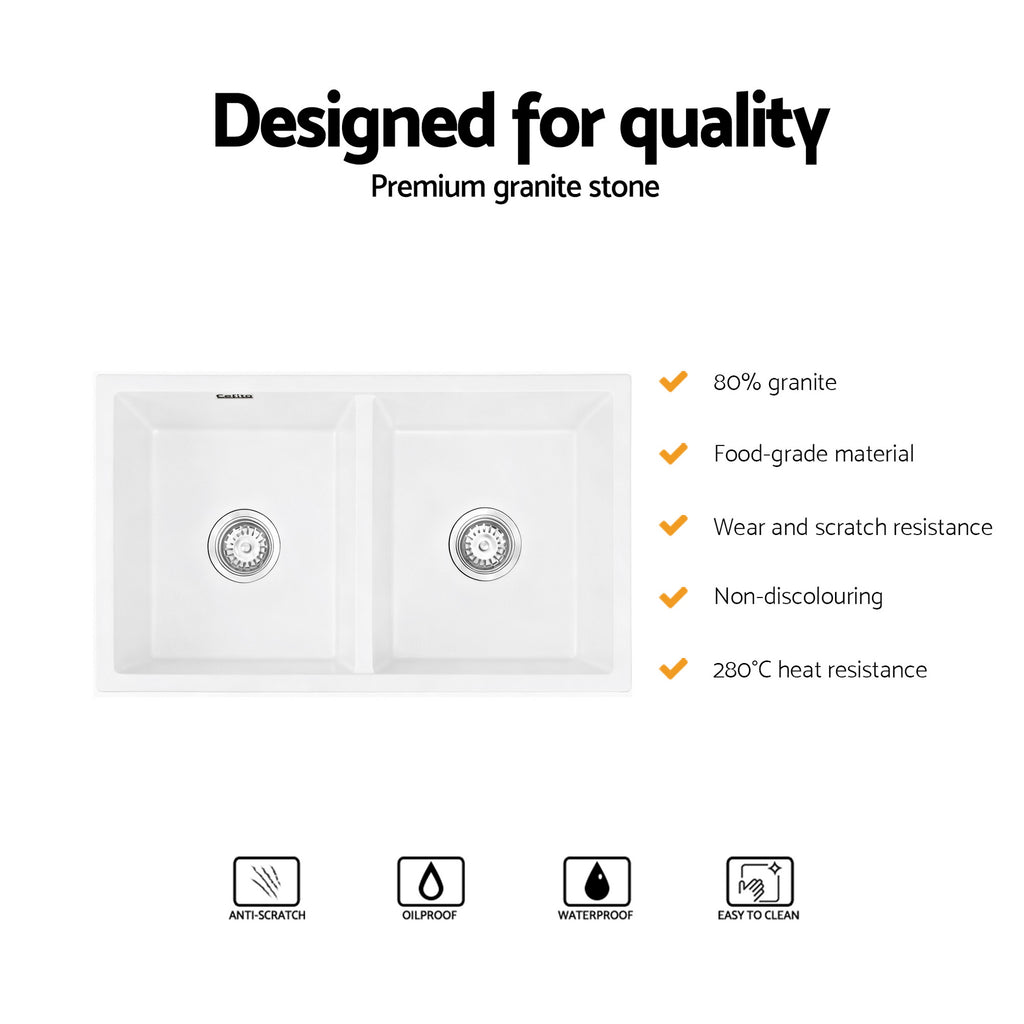 Cefito Kitchen Sink 77x45cm Granite Stone Sink Double Bowl White - YDS.com.au