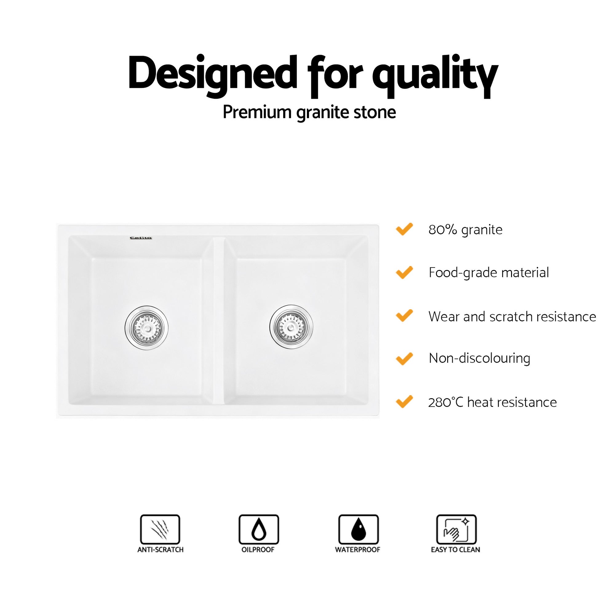 Cefito Kitchen Sink 77x45cm Granite Stone Sink Double Bowl White - YDS.com.au