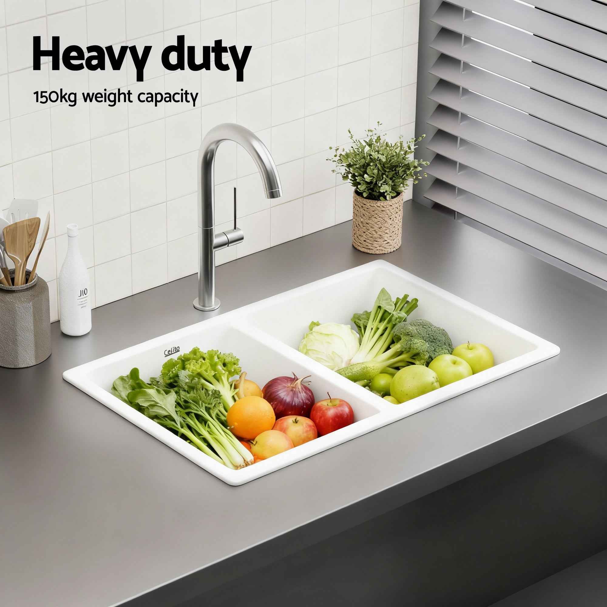 Cefito Kitchen Sink 77x45cm Granite Stone Sink Double Bowl White