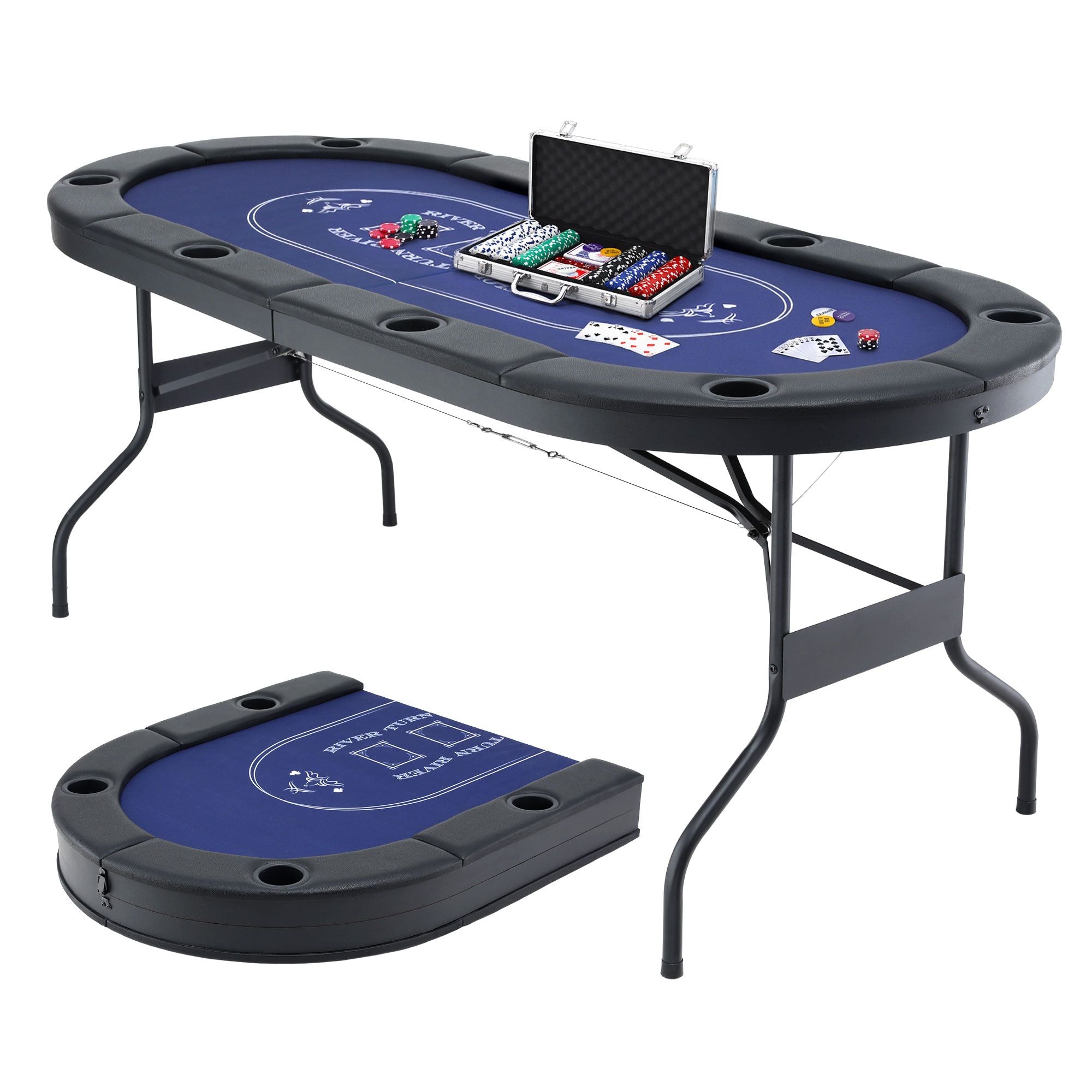 8 Player 1.8m Folding Poker Table and 300pcs Chips Set Portable Card Game Blue Layout Blue