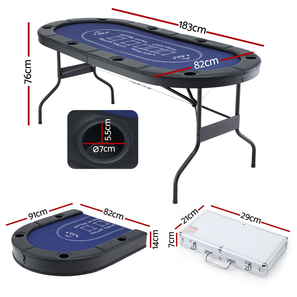 8 Player 1.8m Folding Poker Table and 300pcs Chips Set Portable Card Game Blue Layout Blue