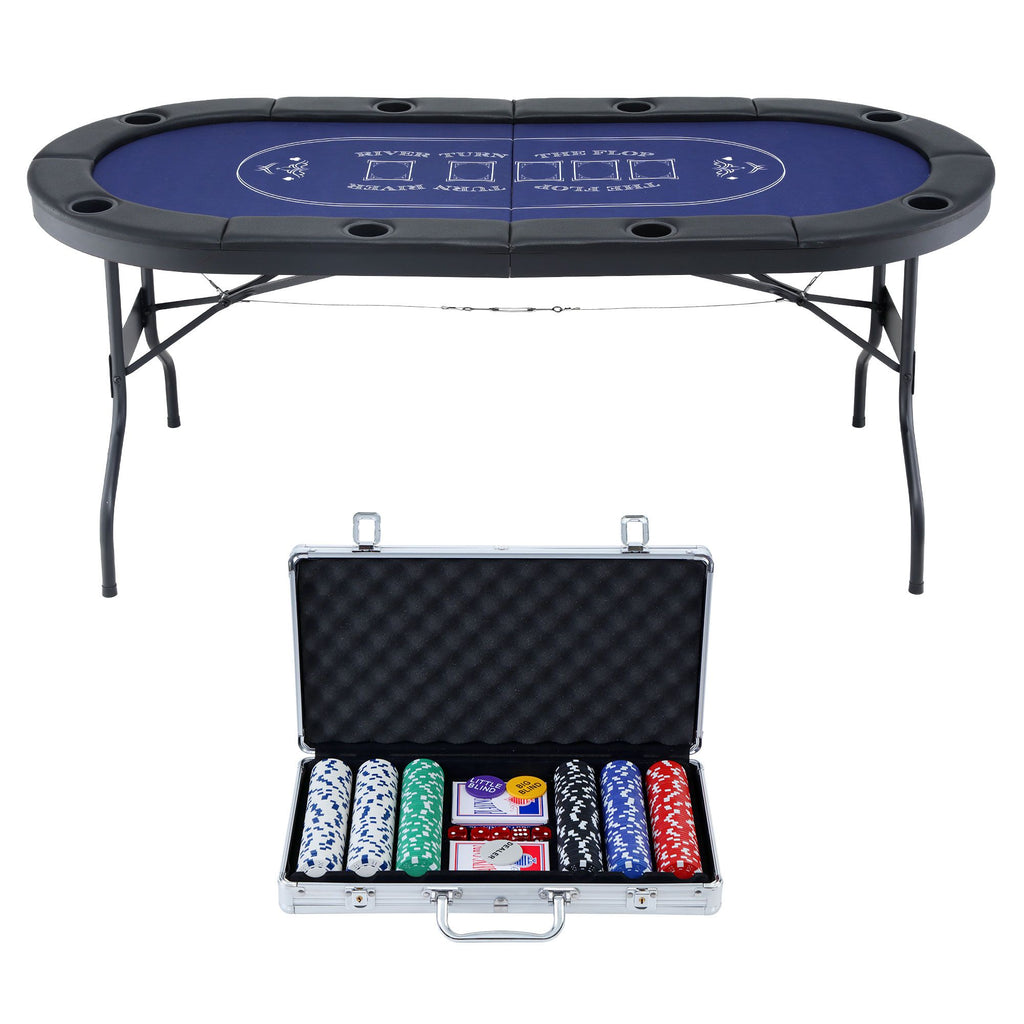 8 Player 1.8m Folding Poker Table and 300pcs Chips Set Portable Card Game Blue Layout Blue