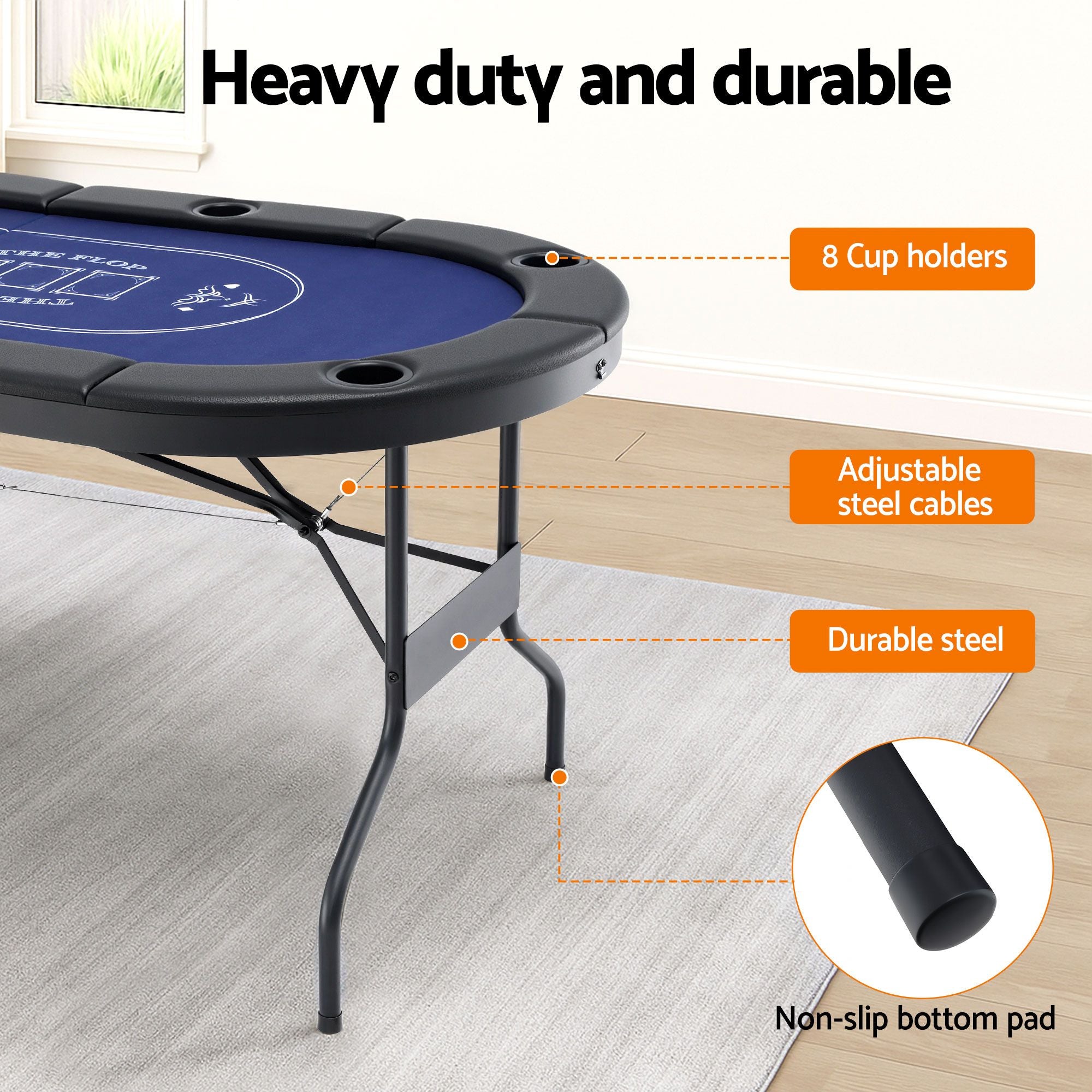 8 Player 1.8m Folding Poker Table and 300pcs Chips Set Portable Card Game Blue Layout Blue