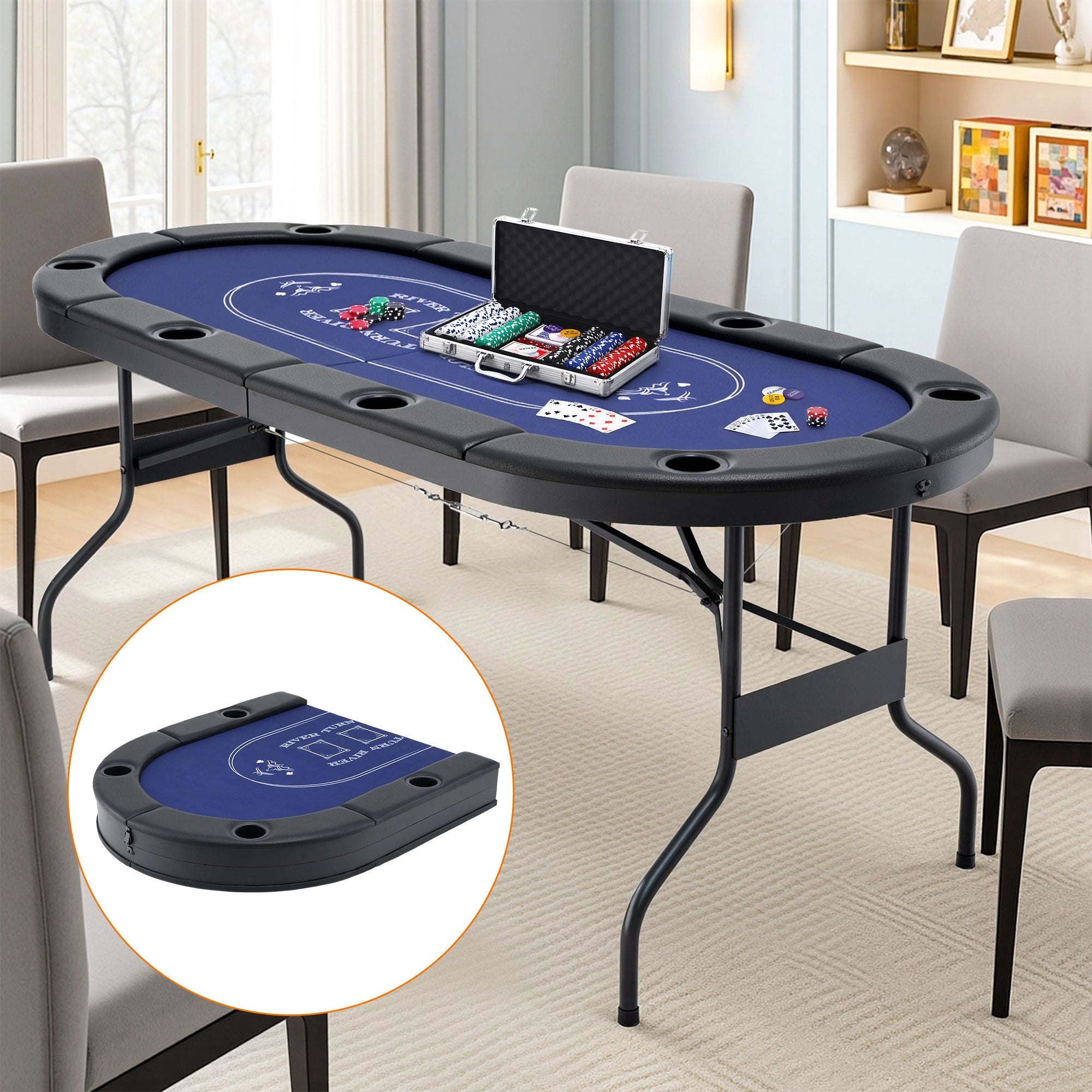 8 Player 1.8m Folding Poker Table and 300pcs Chips Set Portable Card Game Blue Layout Blue