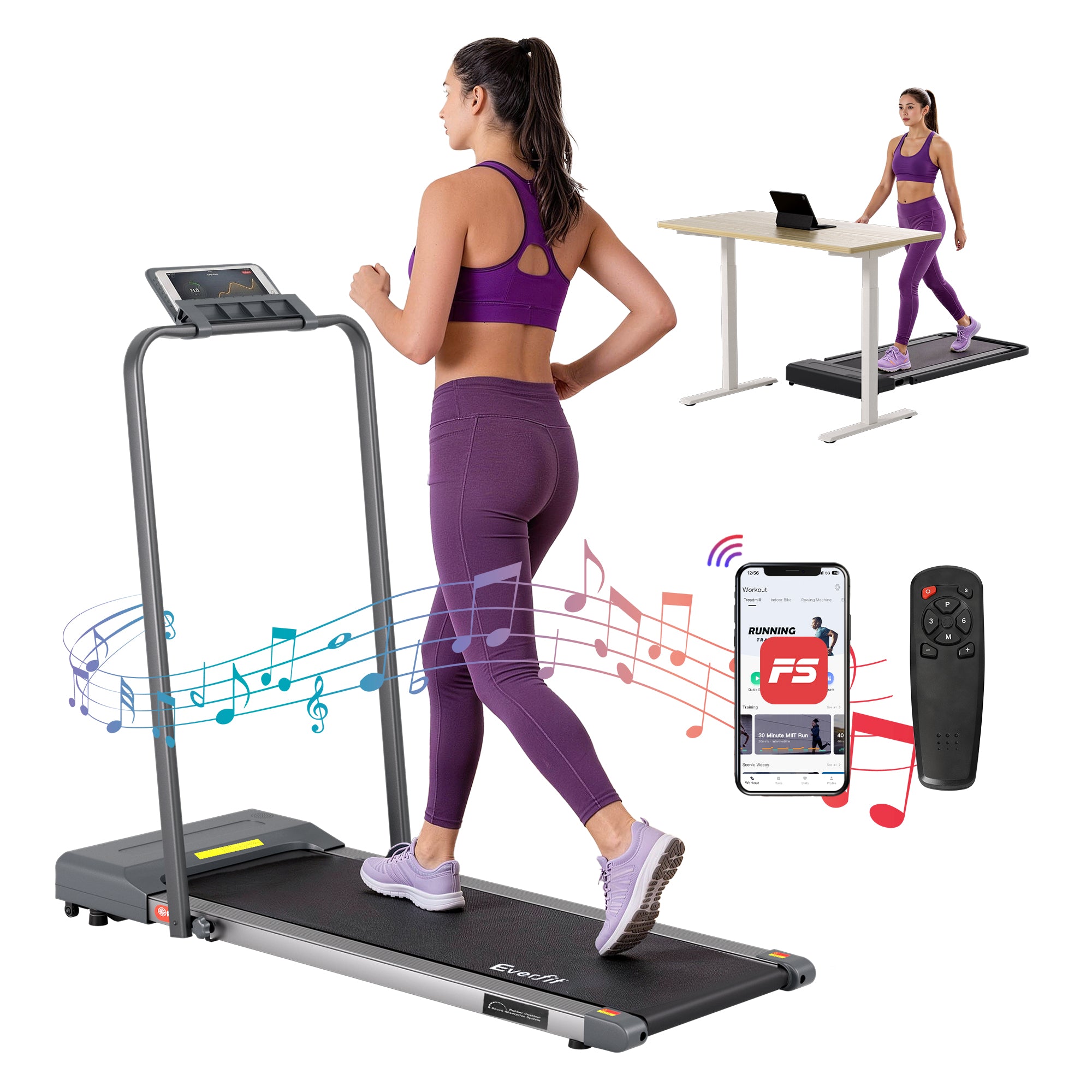 Cinta de correr eléctrica Everfit para debajo del escritorio, para gimnasio en casa, fitness, 380 mm, color gris