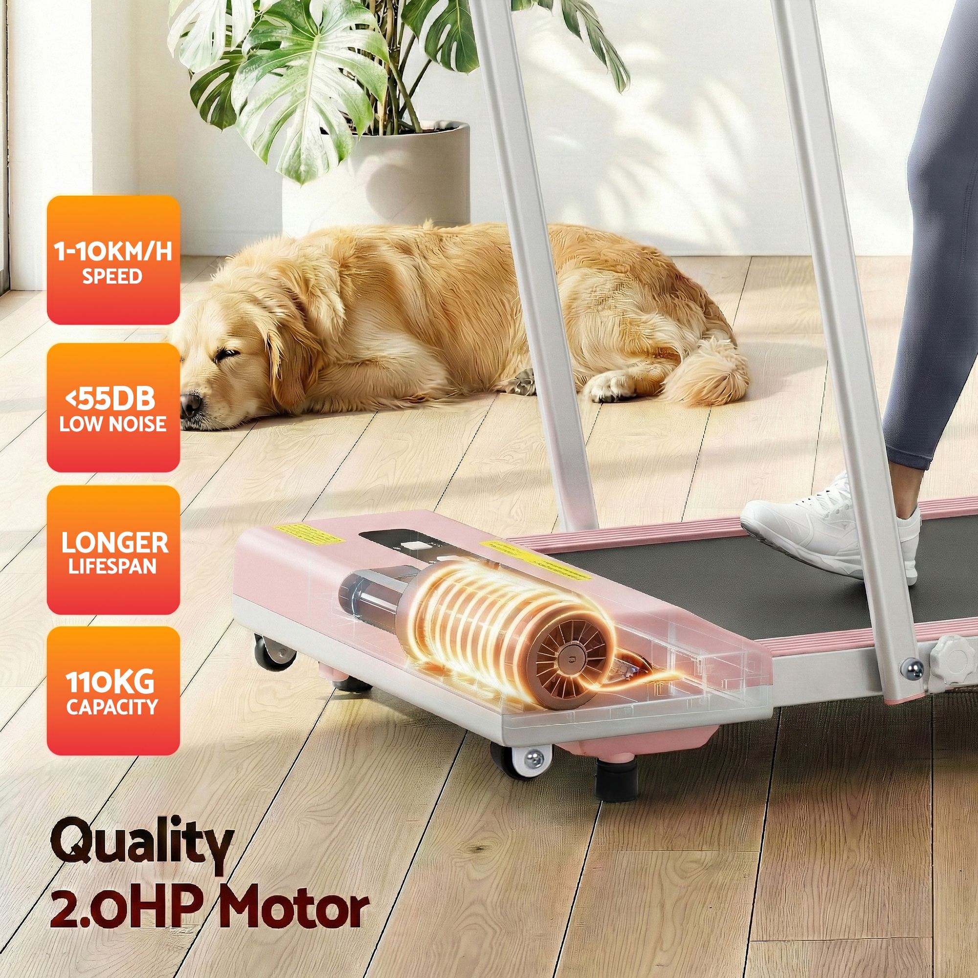 Cinta de correr eléctrica Everfit para debajo del escritorio, para gimnasio en casa, fitness, 380 mm, color rosa