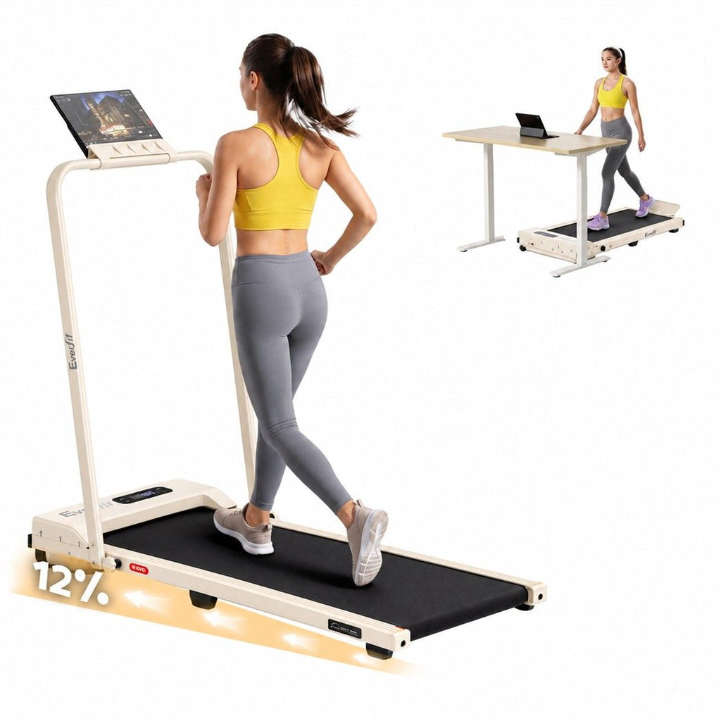 Everfit 3 in 1 Walking Pad Treadmill 12% Incline Foldable Under Desk Treadmills for Home 38cm Beige