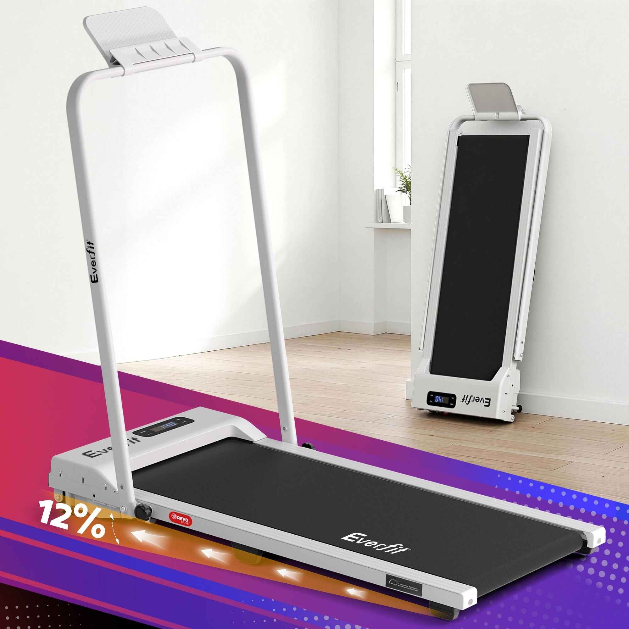 Everfit 3 in 1 Walking Pad Treadmill 12% Incline Foldable Under Desk Treadmills for Home Gym With 38cm Wide Belt White