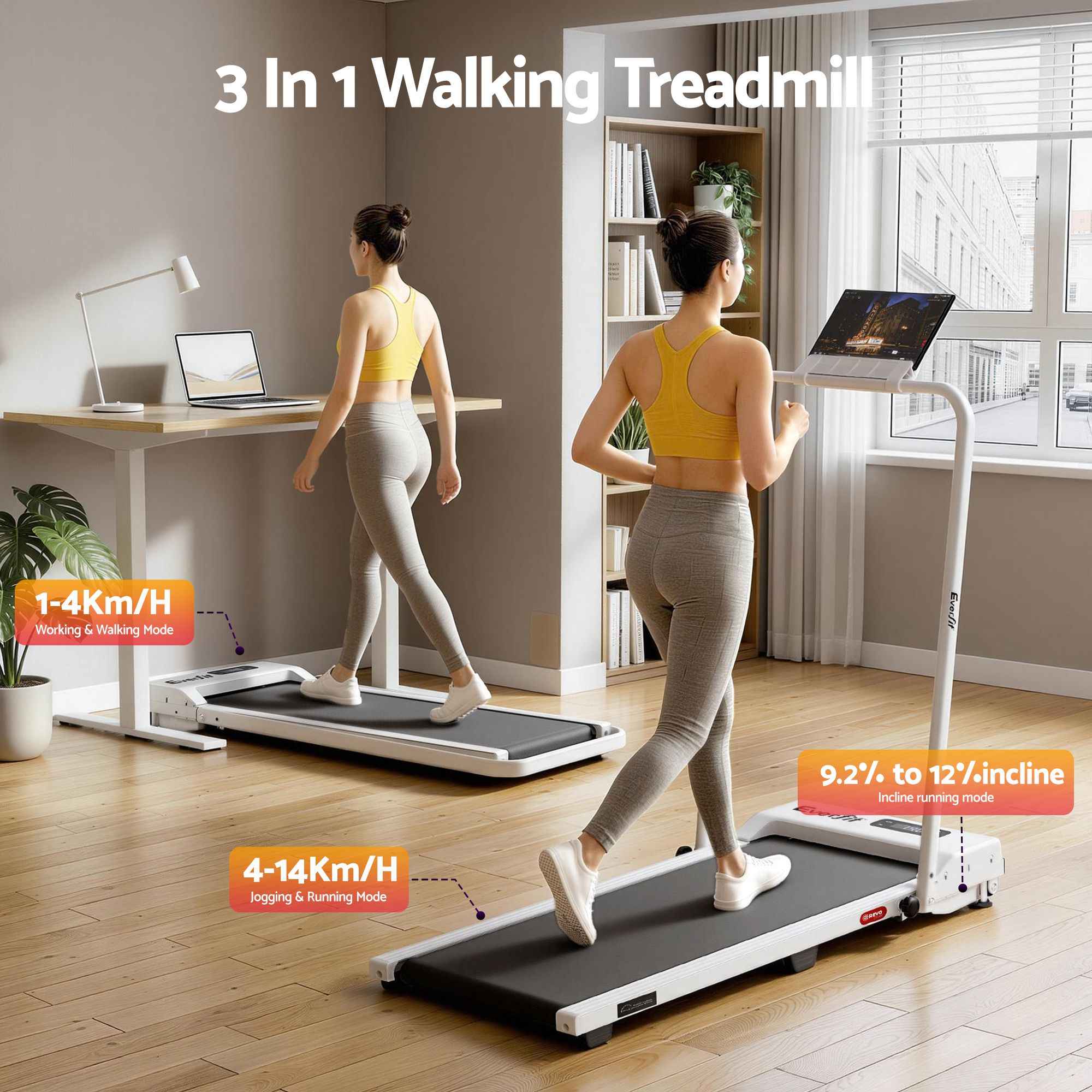 Everfit 3 in 1 Walking Pad Treadmill 12% Incline Foldable Under Desk Treadmills for Home Gym With 38cm Wide Belt White