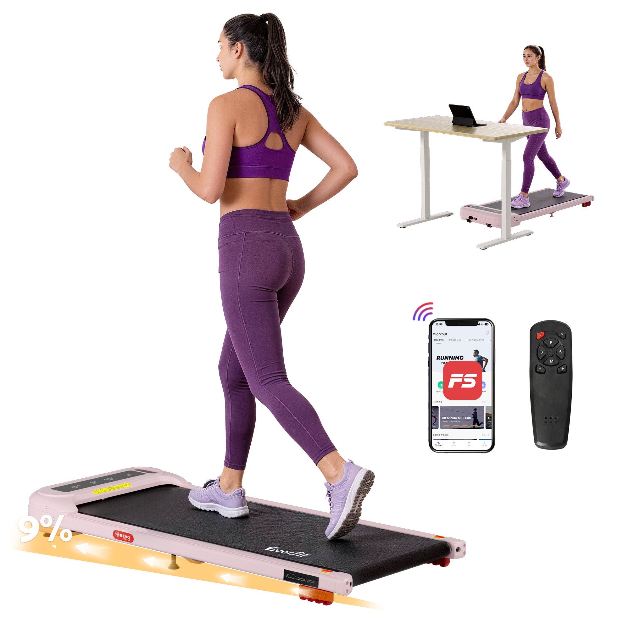 Everfit Treadmill Electric Walking Pad with Incline Under Desk Home Gym Pink