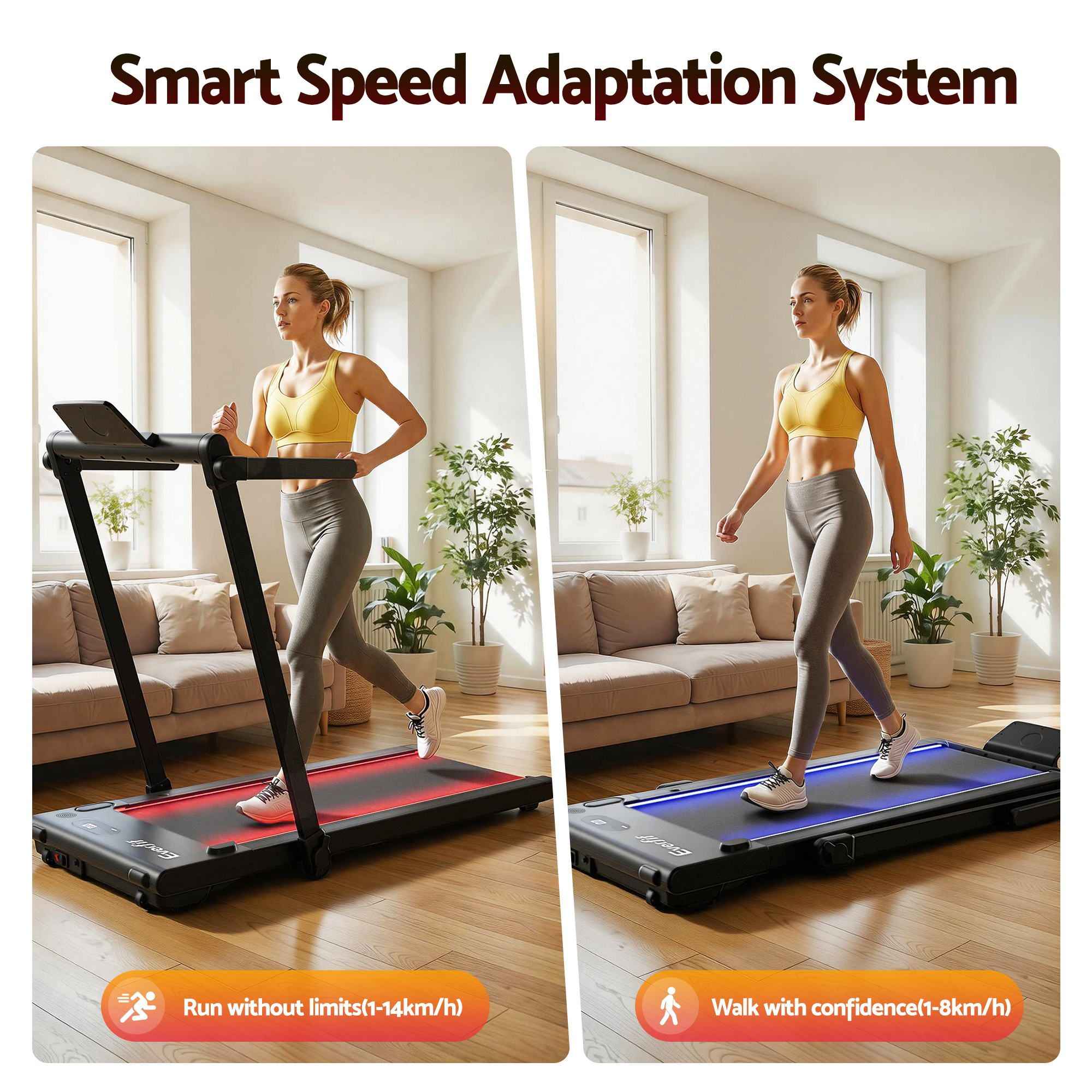 Everfit 3 in 1 Walking Pad Treadmill With Led Lights Foldable Under Desk Treadmills for Home Gym 40cm Wide Belt Black