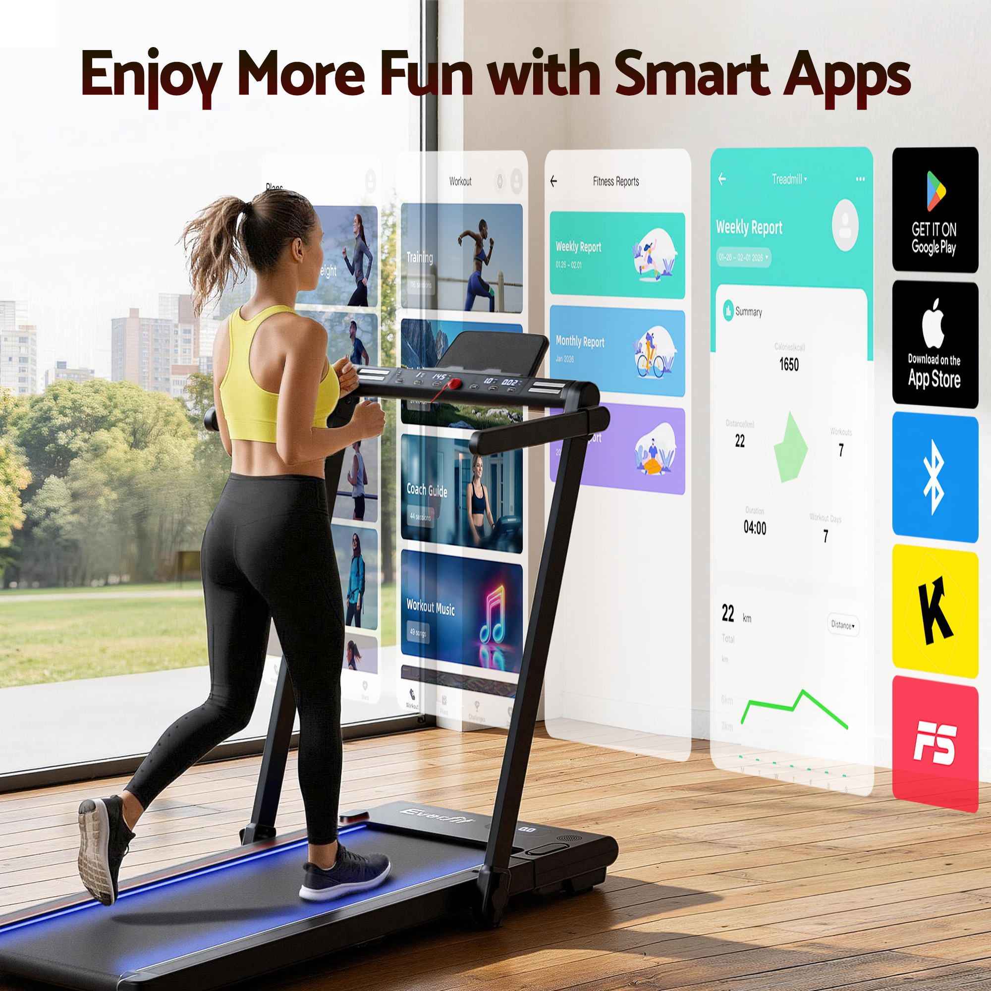 Everfit 3 in 1 Walking Pad Treadmill With Led Lights Foldable Under Desk Treadmills for Home Gym 40cm Wide Belt Black