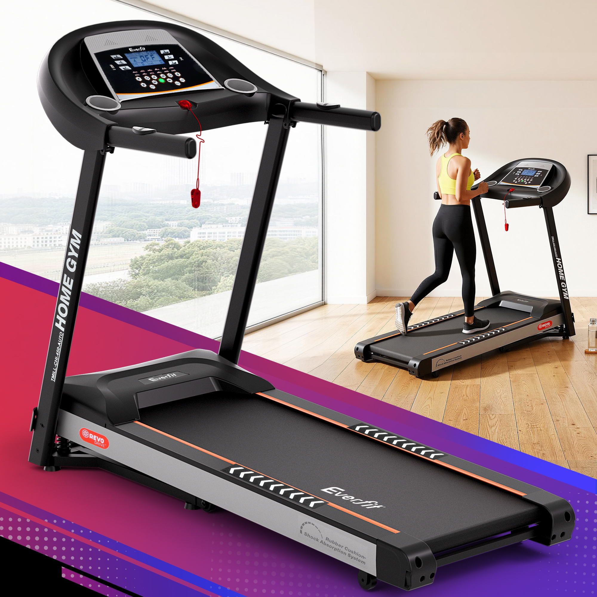 Cinta de correr eléctrica Everfit con inclinación automática, máquina de ejercicios para gimnasio en casa, 450 mm