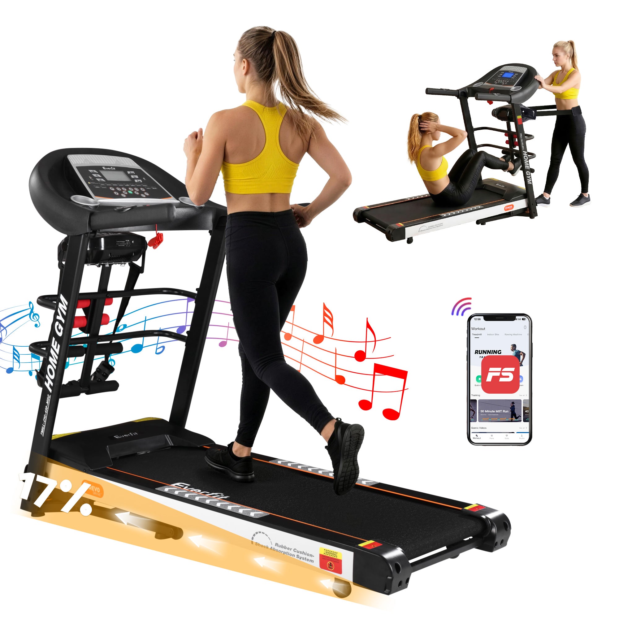 Cinta de correr eléctrica Everfit para gimnasio en casa, máquina de ejercicios de fitness con masajeador de 450 mm