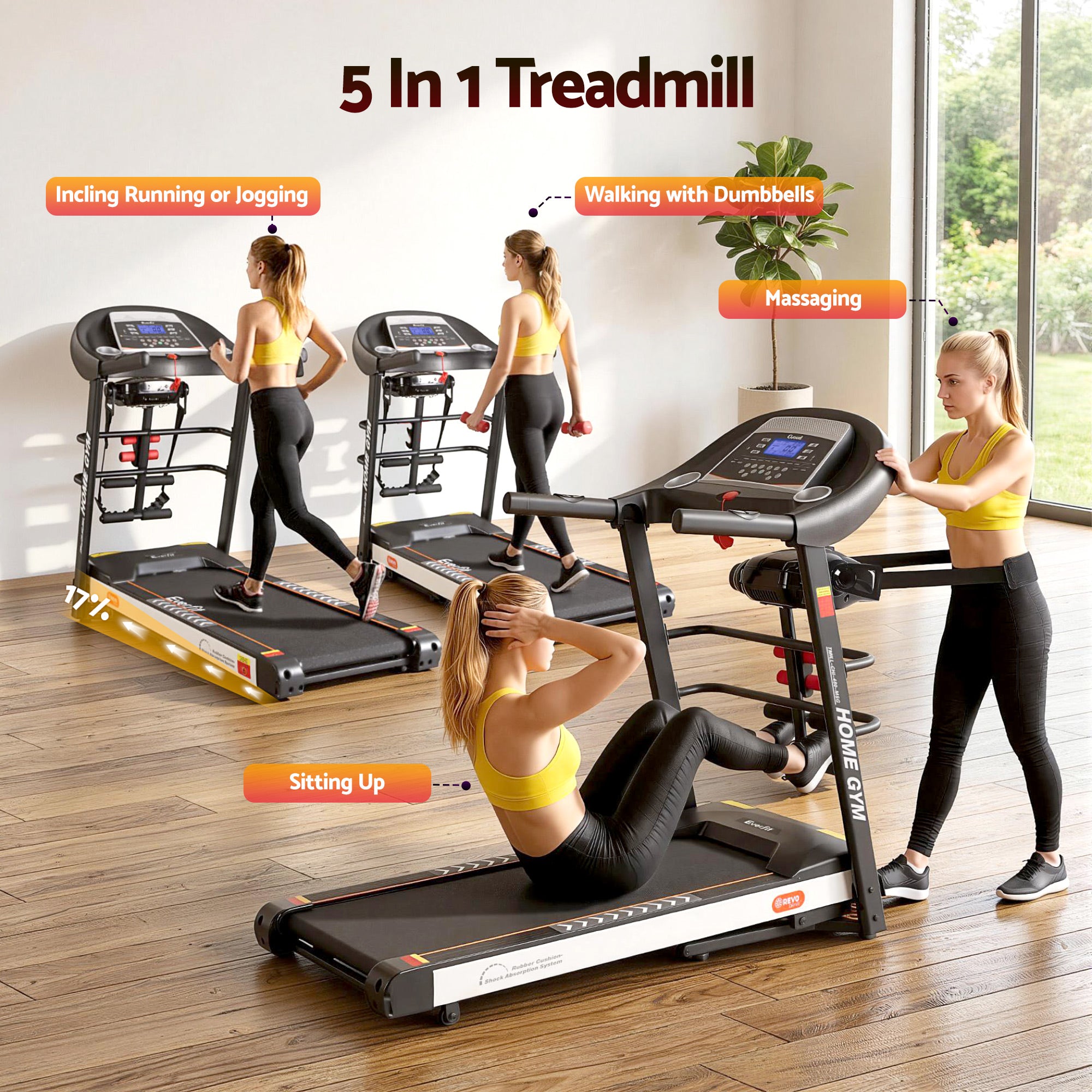 Cinta de correr eléctrica Everfit para gimnasio en casa, máquina de ejercicios de fitness con masajeador de 450 mm