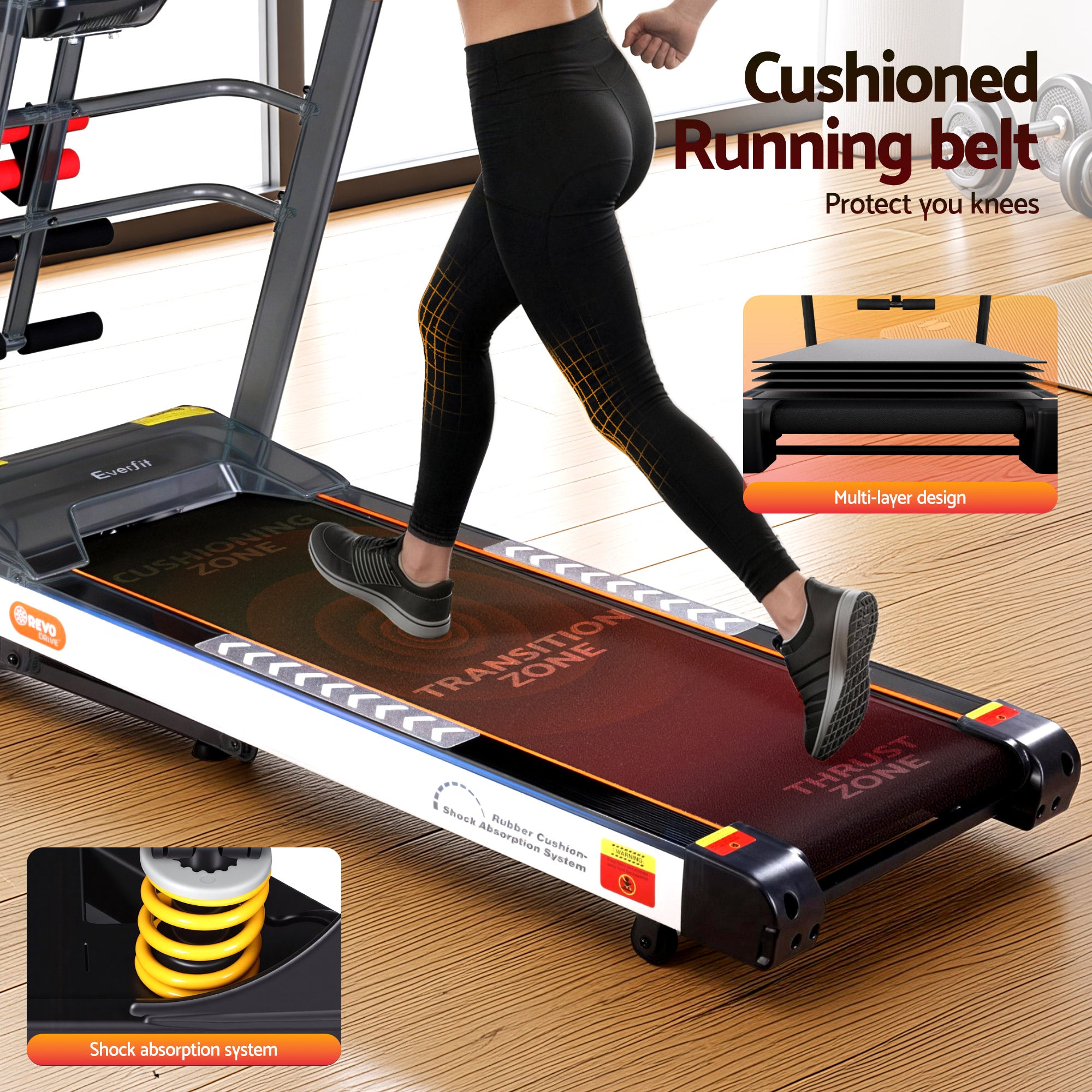 Cinta de correr eléctrica Everfit para gimnasio en casa, máquina de ejercicios de fitness con masajeador de 450 mm