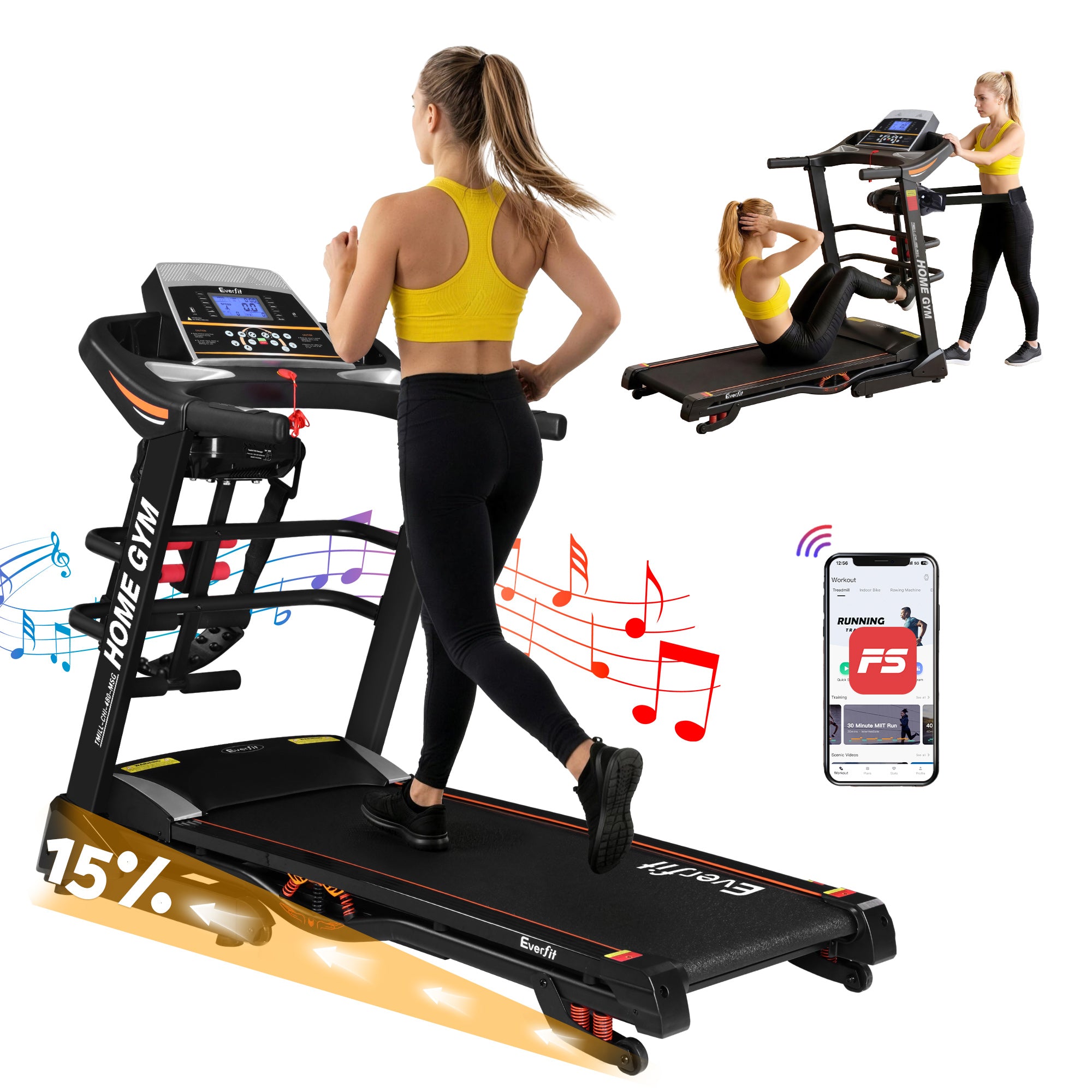 Cinta de correr eléctrica Everfit para gimnasio en casa, máquina de ejercicios de fitness con masajeador de 480 mm