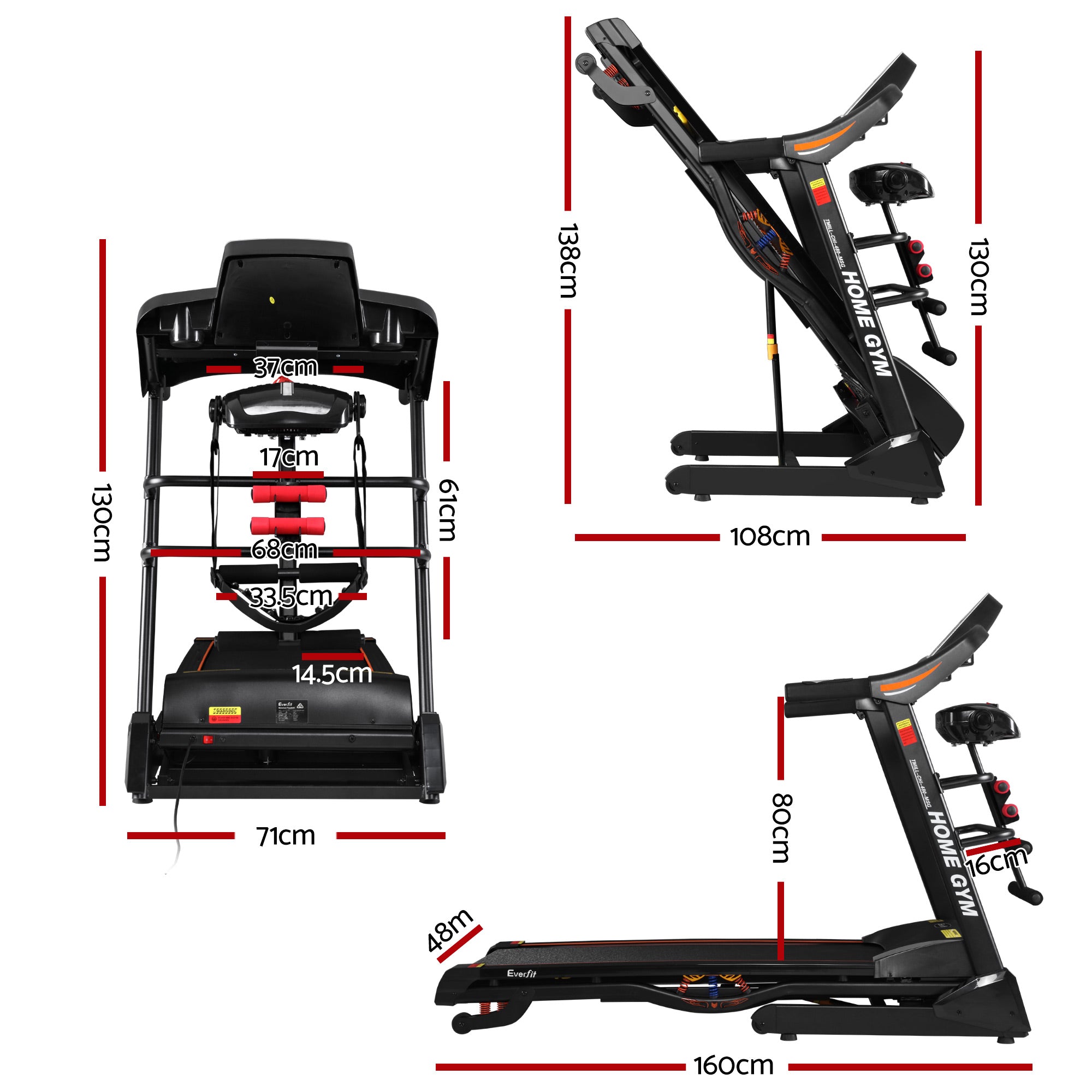 Cinta de correr eléctrica Everfit para gimnasio en casa, máquina de ejercicios de fitness con masajeador de 480 mm
