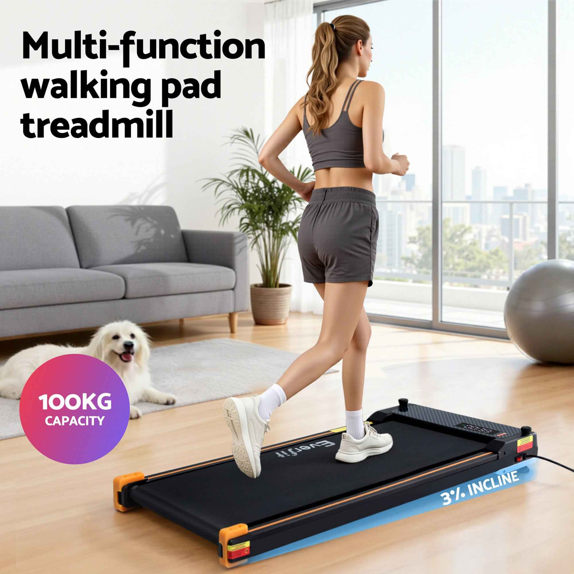 Everfit 2 Side Walking Pad Treadmill with Massage Function Fitness 380mm Black