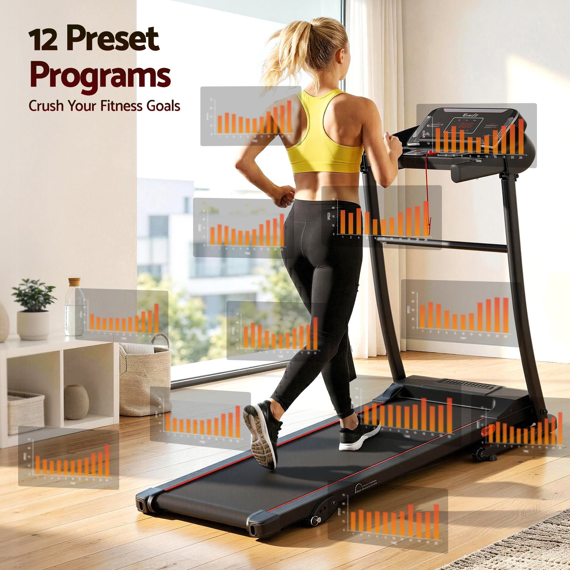 Cinta de correr eléctrica Everfit para gimnasio en casa, máquina de ejercicios de fitness con inclinación de 400 mm