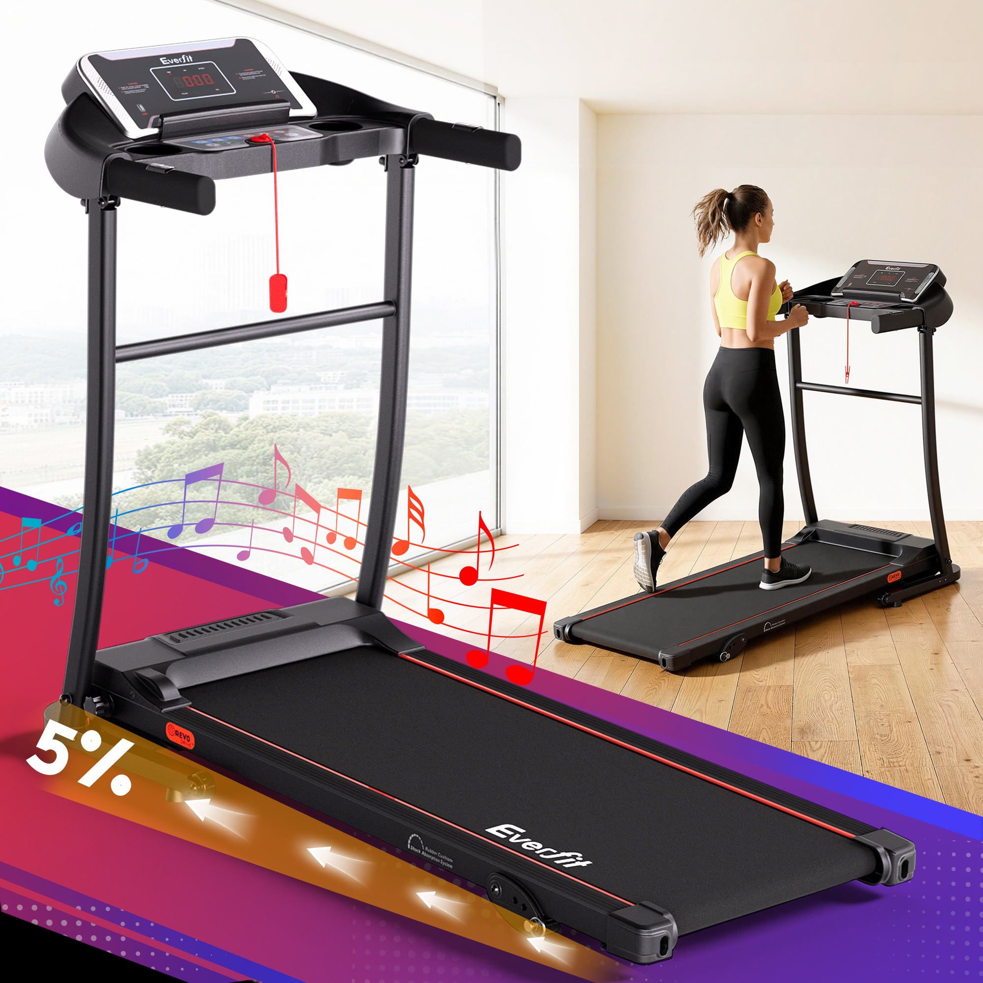 Cinta de correr eléctrica Everfit para gimnasio en casa, máquina de ejercicios de fitness con inclinación de 400 mm