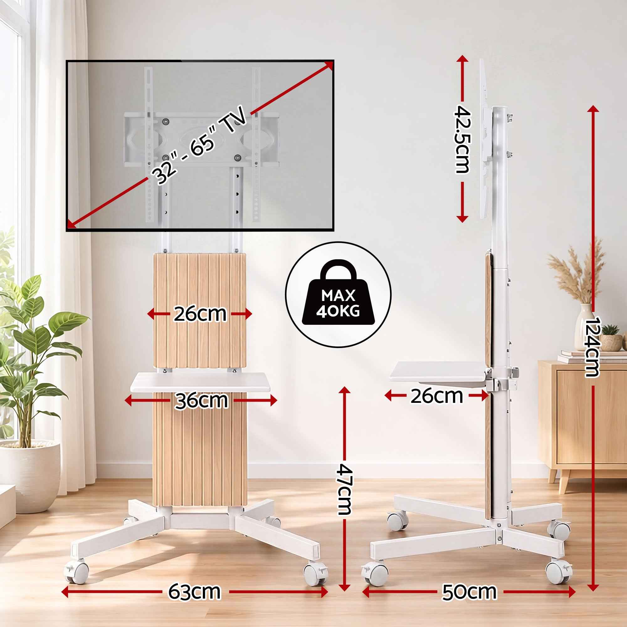Artiss Mobile TV Floor Stand for 32-65" Mount Bracket Universal Adjustable Height with Wheels