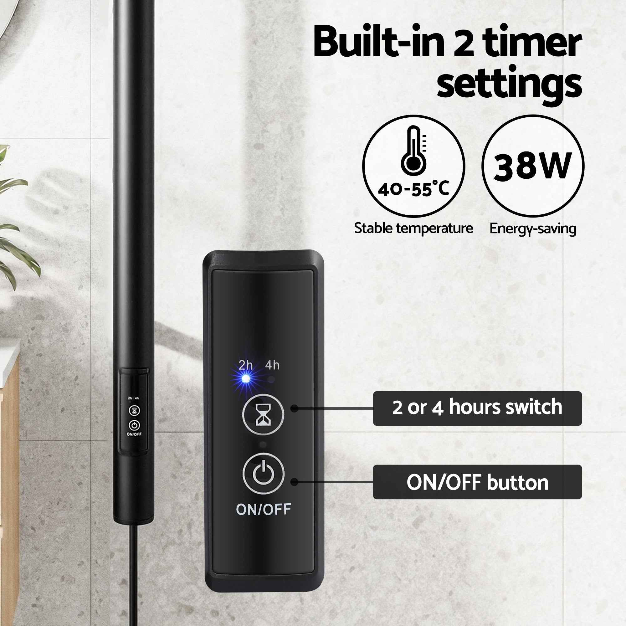 Devanti Heated Towel Rail with Timer Vertical Electric Heater Warmer Rack Black