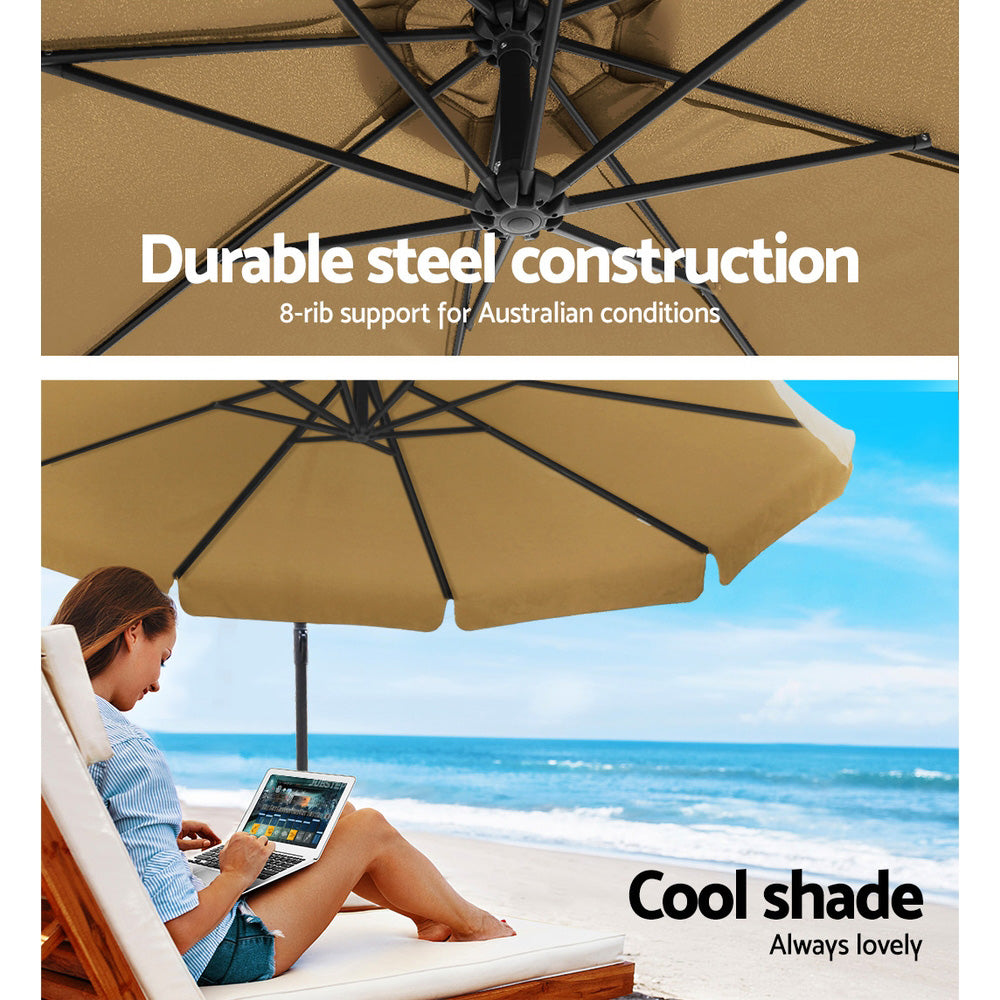 Instahut 3m Outdoor Umbrella w/Base Cantilever Garden Patio Beach Beige - YDS.com.au