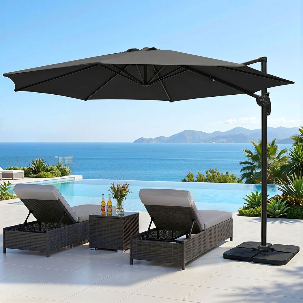 Instahut 3m Outdoor Umbrella w/Base Cantilever Beach Roma 360 Degree Tilt Charcoal